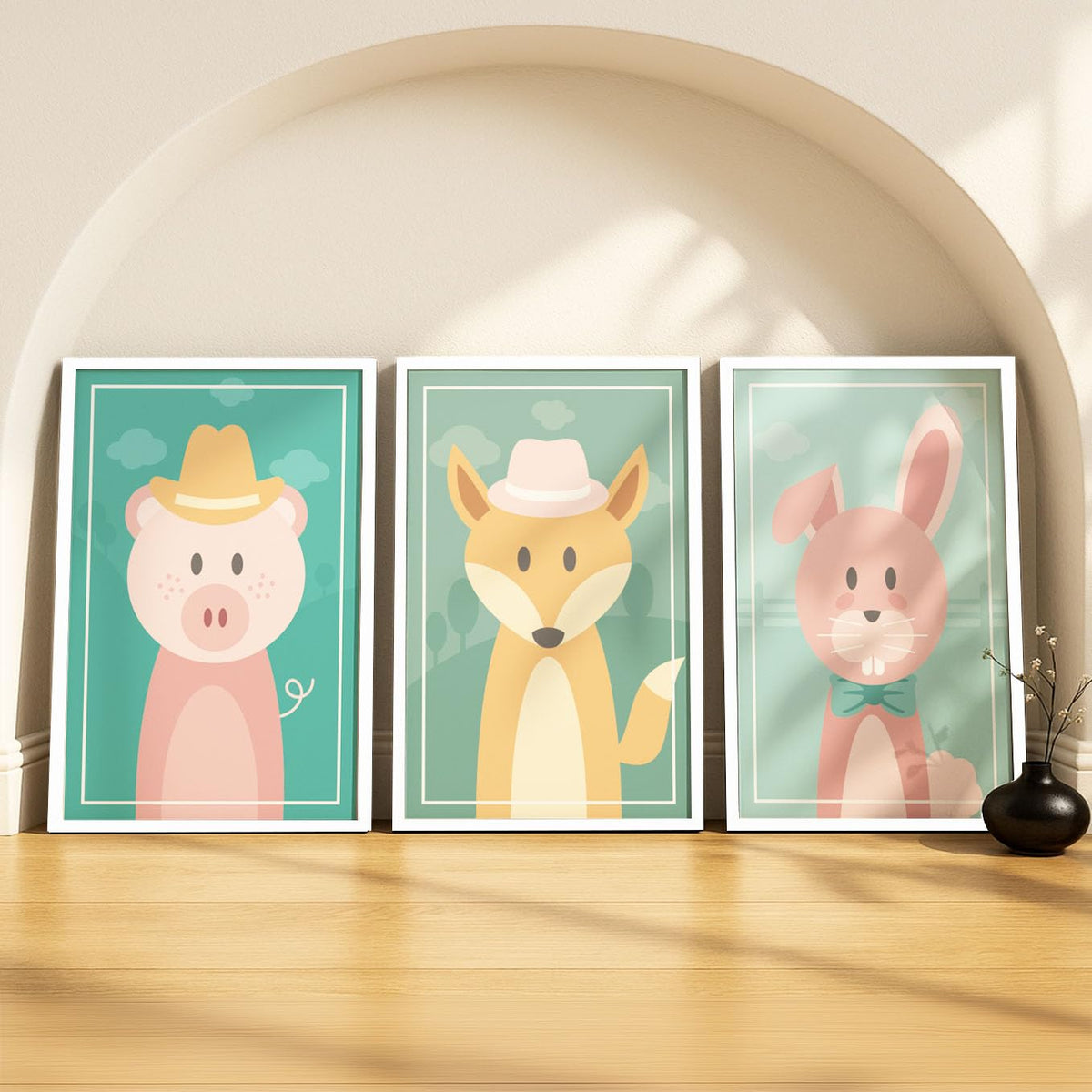 SoulAbiti Woodland Pals set of 3 Framed Wall Print 12x18 inch White Frame PlexiGlass Kids Nursery Art ready to hang for living