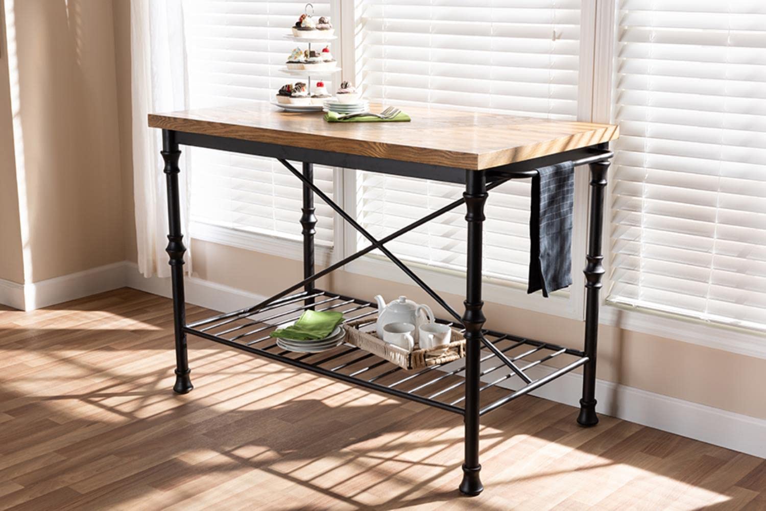 Baxton Studio Perin Vintage Rustic Industrial Style Wood and Bronze-Finished Steel Multipurpose Kitchen Island Table