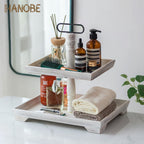 Hanobe Farmhouse Tiered Tray Stand: Rustic White Wood 2 Tier Serving Tray Decor Two Rectangle Wooden For Kitchen Counter Centerp