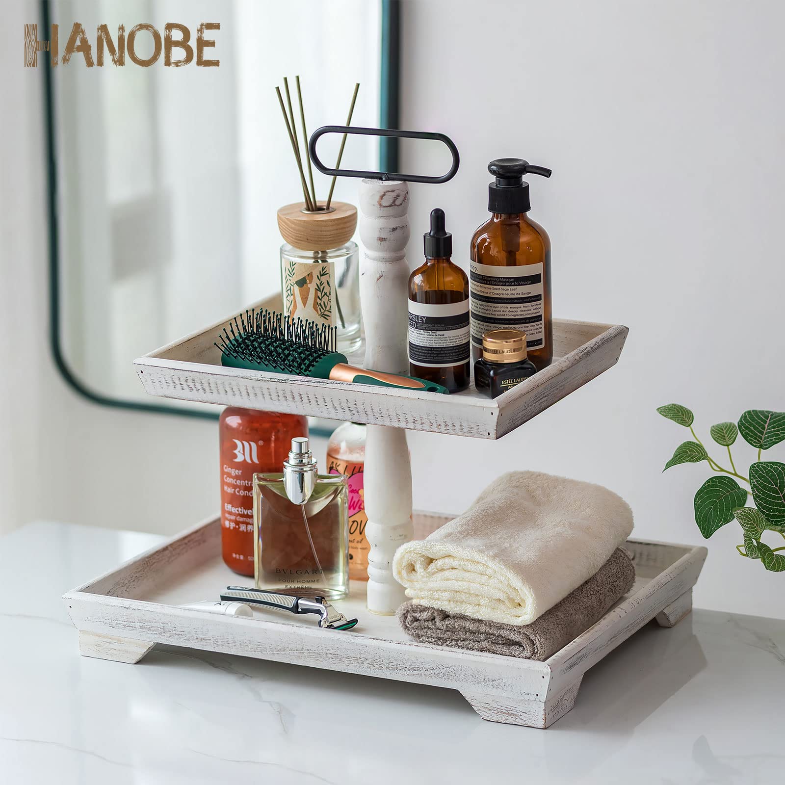 Hanobe Farmhouse Tiered Tray Stand: Rustic White Wood 2 Tier Serving Tray Decor Two Rectangle Wooden For Kitchen Counter Centerp
