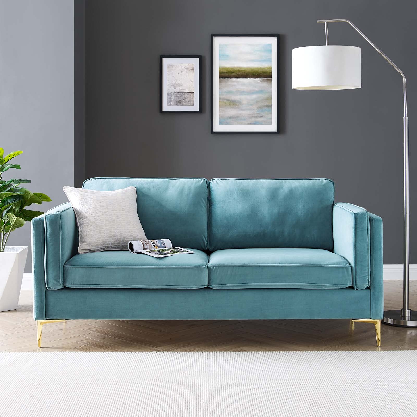 Modway Kaiya Performance Velvet Sofa, 32 x 71 x 33.5, Sea Blue