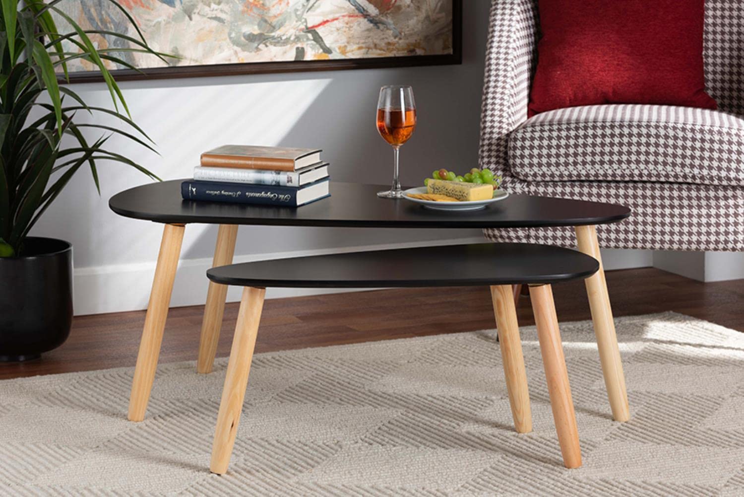 Baxton Studio Farid Mid-Century Modern Two-Tone Black and Oak Brown Finished Wood 2-Piece Coffee Table Set