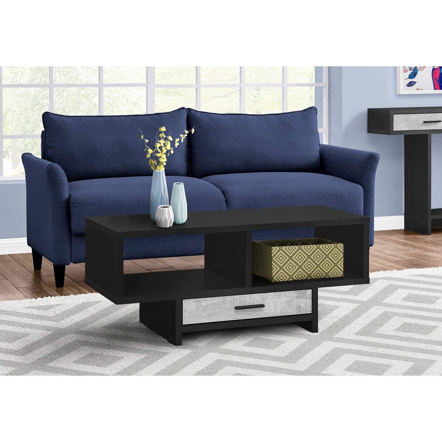 Monarch Specialties Drawer & Shelves Rectangular Cocktail Accent Coffee Table, 43&quot; L, Black/Grey Reclaimed Wood Look