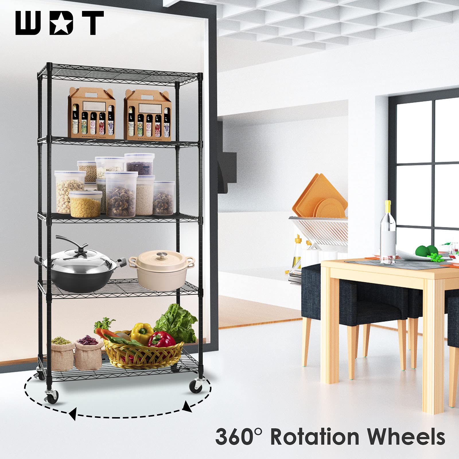Wdt 5-Shelf Shelving Units On Wheels Casters, Adjustable Heavy Duty Metal Shelf Wire Storage Rack For Home Office Garage Kitchen Bathroom Organization(16”Wx36”Dx75”H), Black