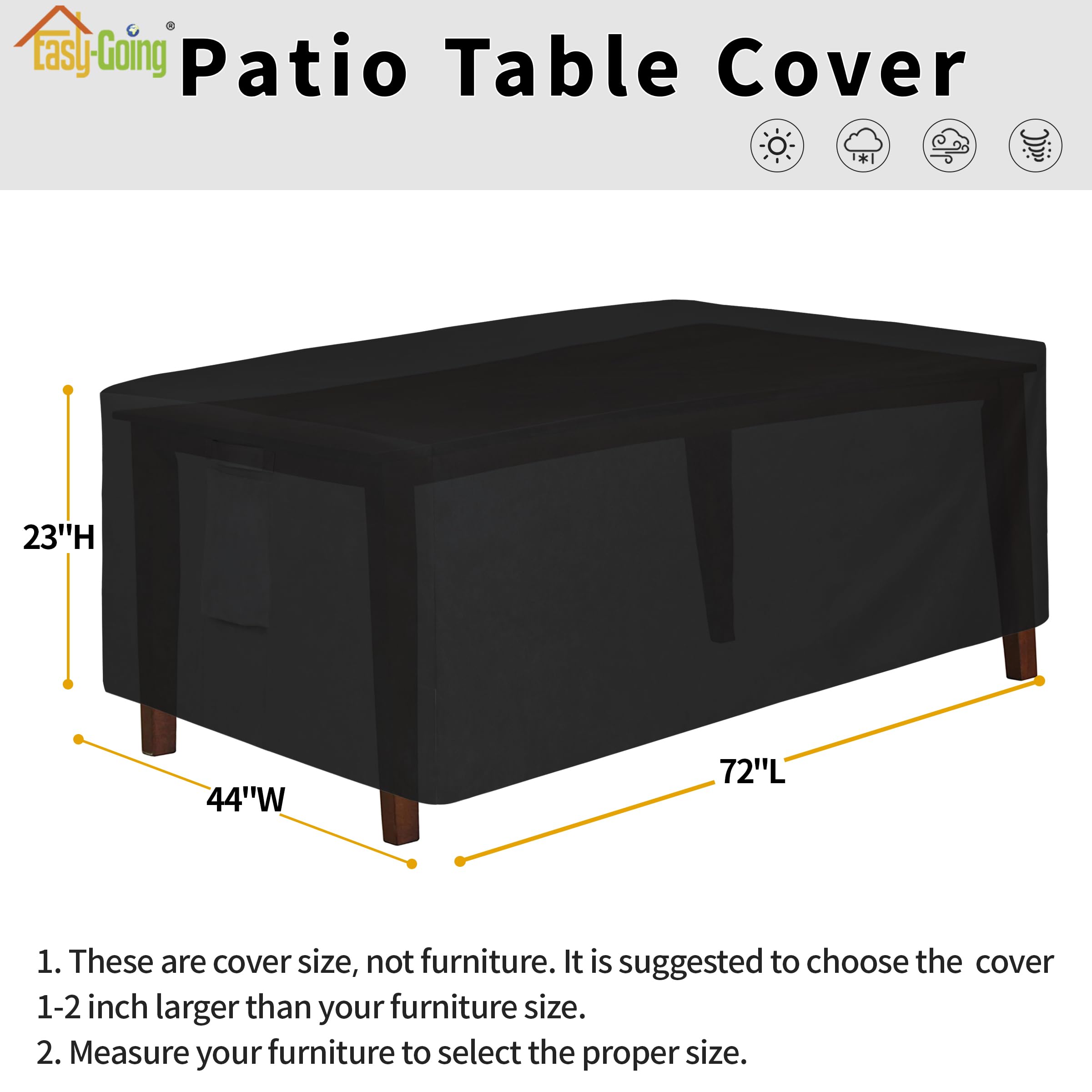 Easy-Going 600D Heavy Duty Rectangular Table Cover Uv Resistant And Waterproof Outdoor Lawn Patio Furniture Cover (72' Lx44 Wx23 H, Black)