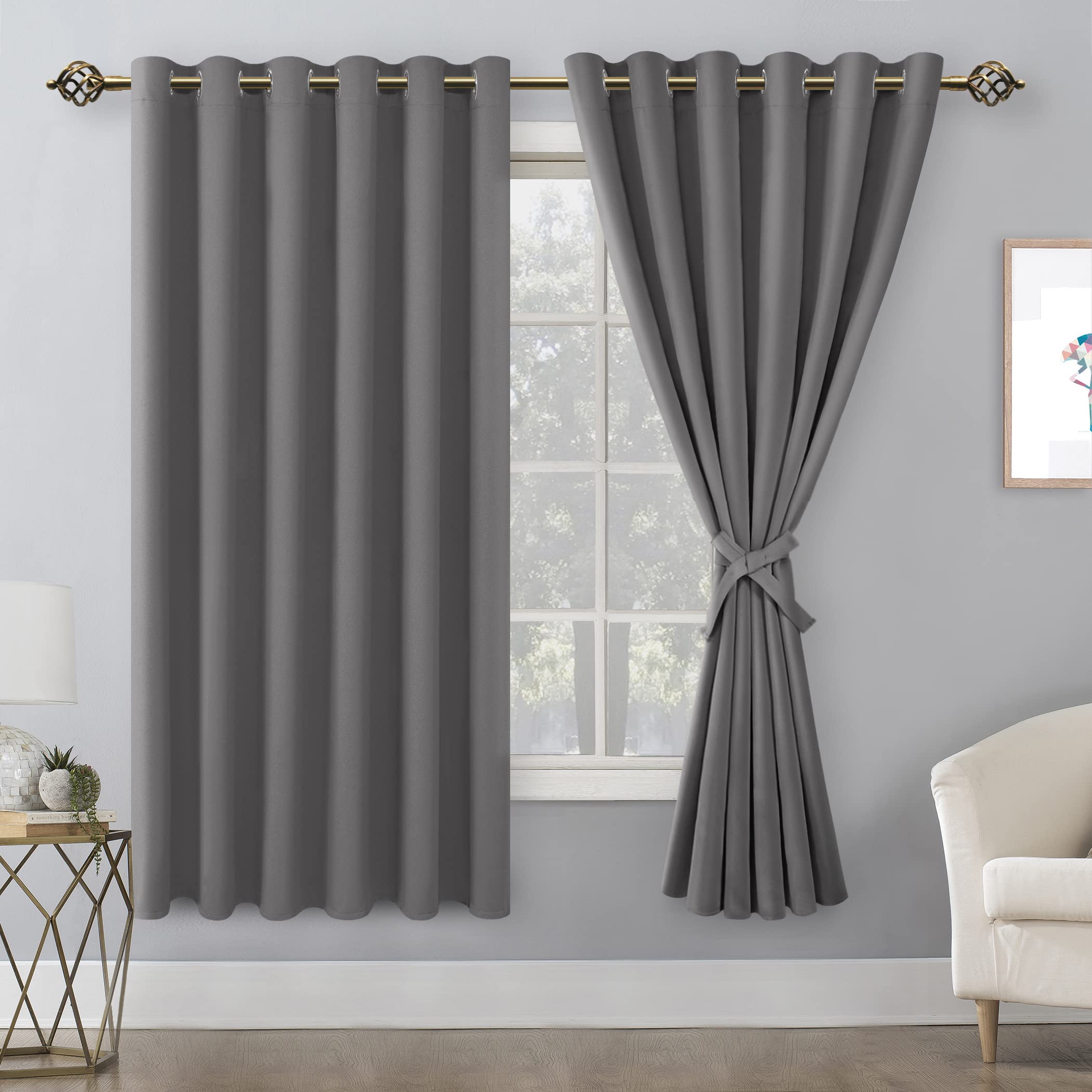 Hiasan Grommet Blackout Curtains For Bedroom, 70 X 63 Inches - Thermal Insulated & Light Blocking Window Drapes For Living Room/Dorm Room, Set Of 2 Panels Sewn With Tiebacks, Light Grey
