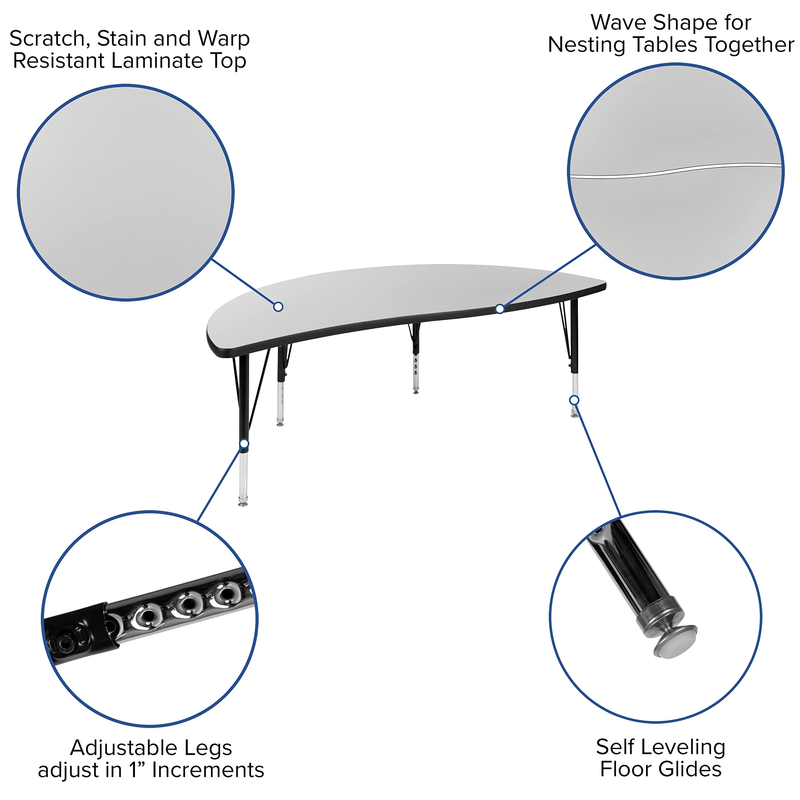 Flash Furniture 60" Circle Wave Collaborative Laminate Activity Table Set With 14" Student Stack Chairs, Grey/Black