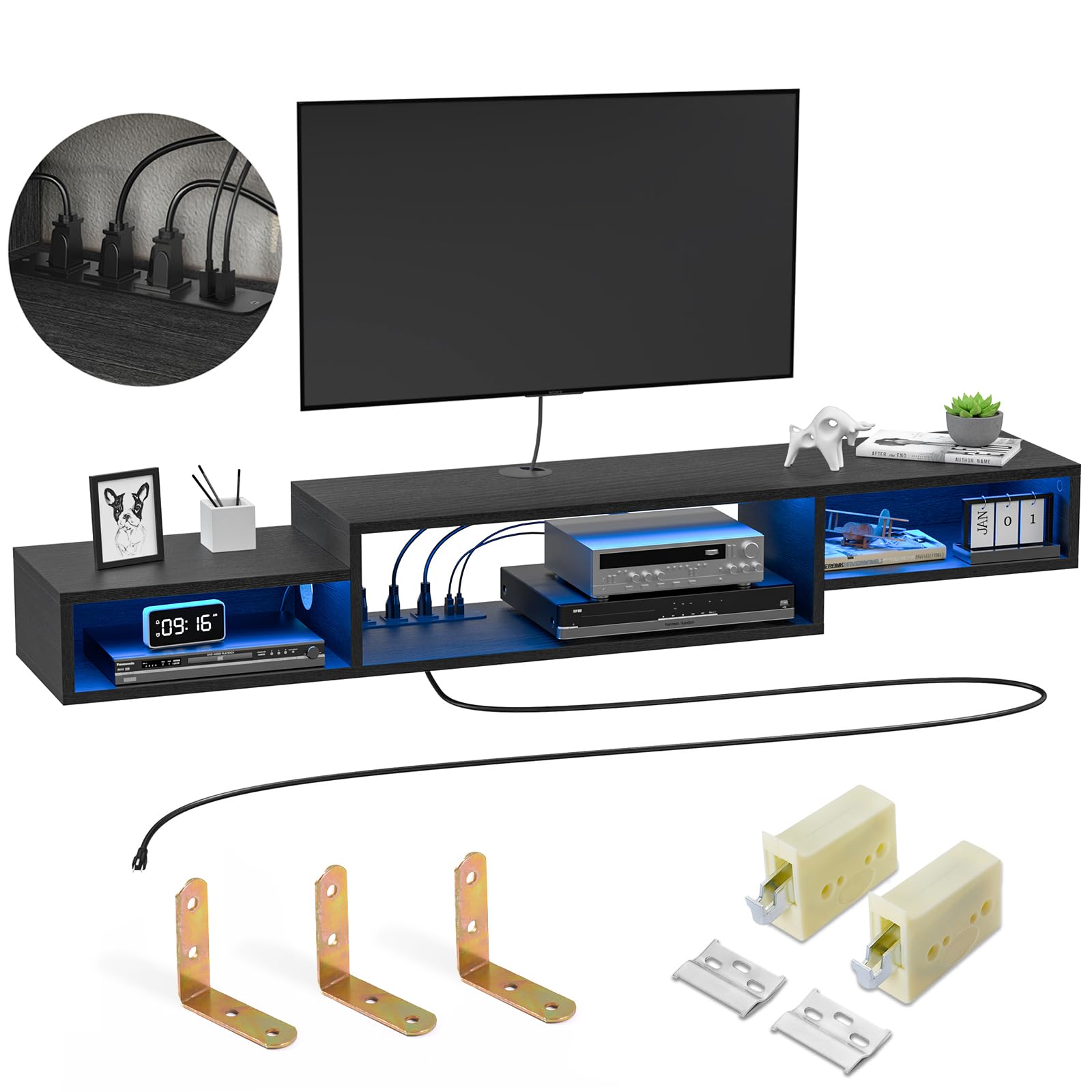 Fabato 59'' Floating Tv Stand With Led Light Power Outlet, Floating Shelf For Under Tv Wall Mount With Storage Shelf, Media Console Entertainment Center For Living Room, Black