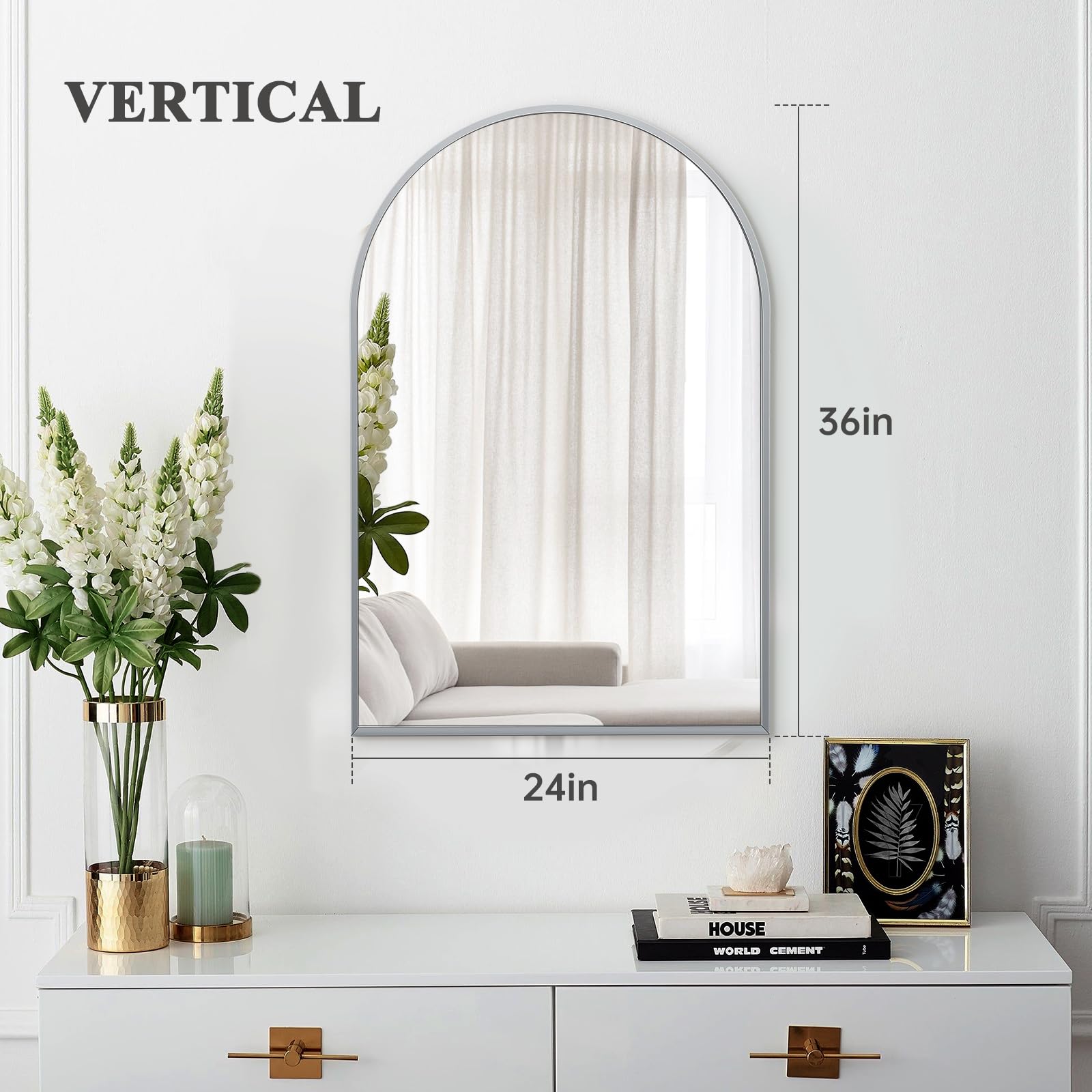 Minuover 24'' X 36'' Silver Arched Mirror, Arch Bathroom Vanity Mirror And Wall Decor Mirror, Modern Aluminum Alloy Metal Frame