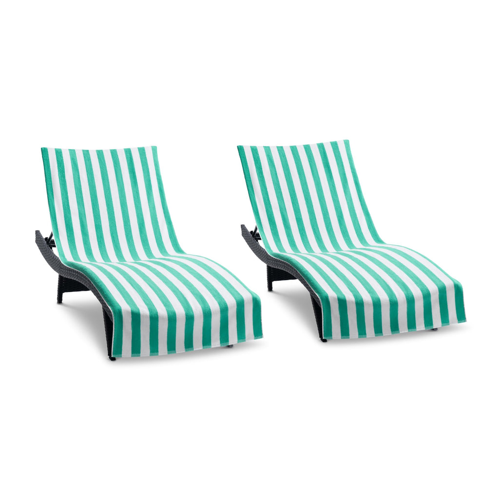 Arkwright California Chaise Lounge Cover - Pack Of 2 - Striped Soft Cotton Cabana Towel With Pocket Holder For Beach Pool Outdoor Chair, 30 X 85 In., Green