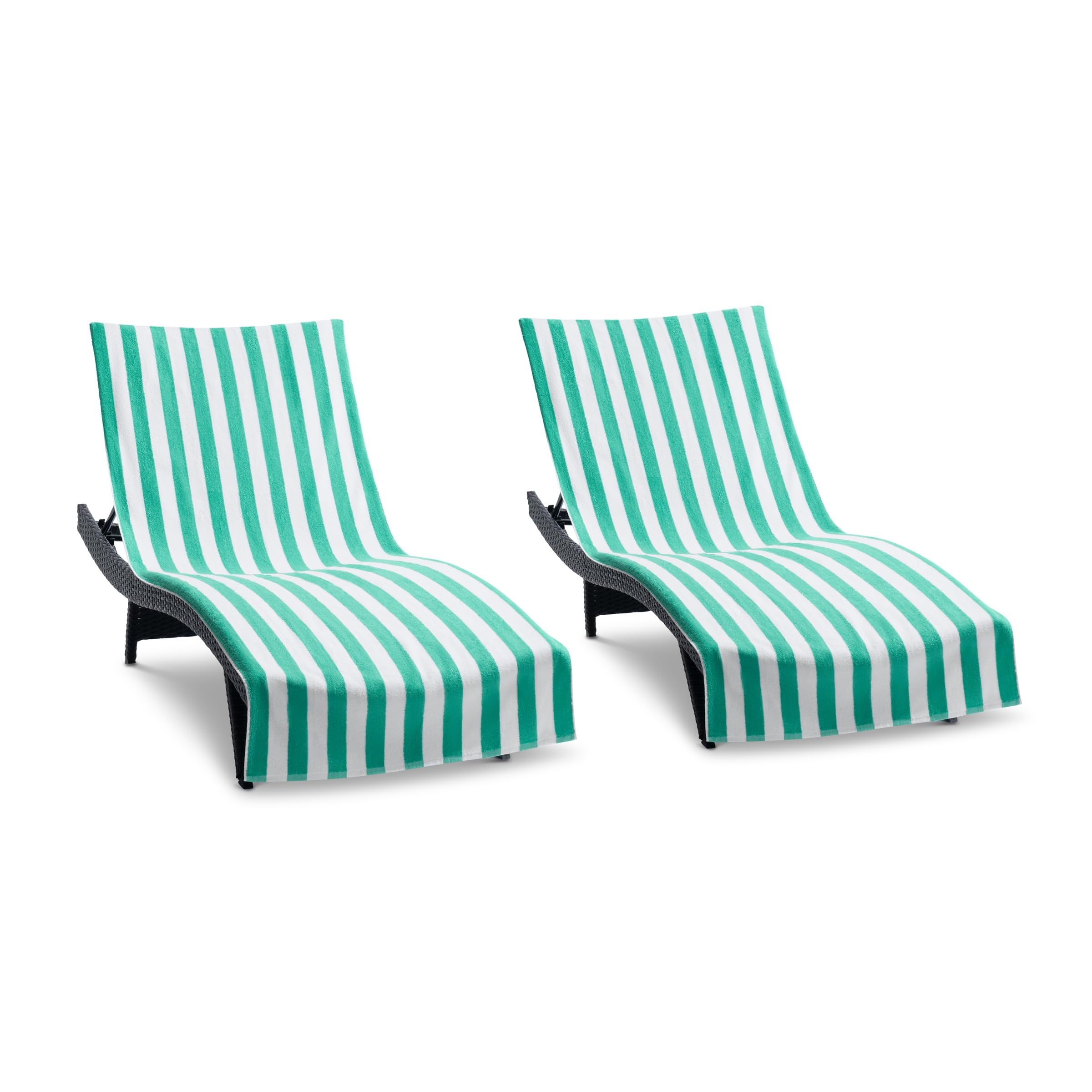 Arkwright California Chaise Lounge Cover - Pack Of 2 - Striped Soft Cotton Cabana Towel With Pocket Holder For Beach Pool Outdoor Chair, 30 X 85 In., Green