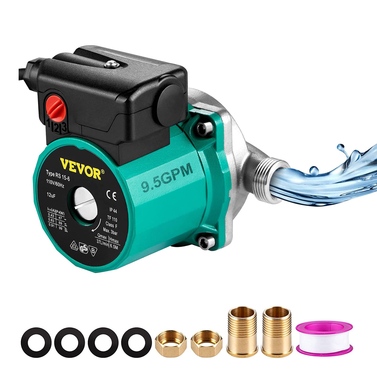 VEVOR Hot Water Recirculating Pump, 93W 110V Water Circulator Pump, Automatic Start Circulating Pump NPT 3/4'' w/Brass Fittings,