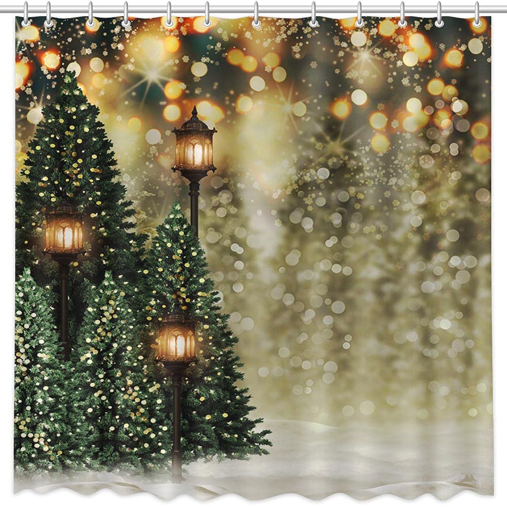 Mehofond 72X72 Inchs Christmas Winter Shower Curtain For Bathroom Decoration Snowflake Bokeh Pine Trees With Outdoor Nature Land
