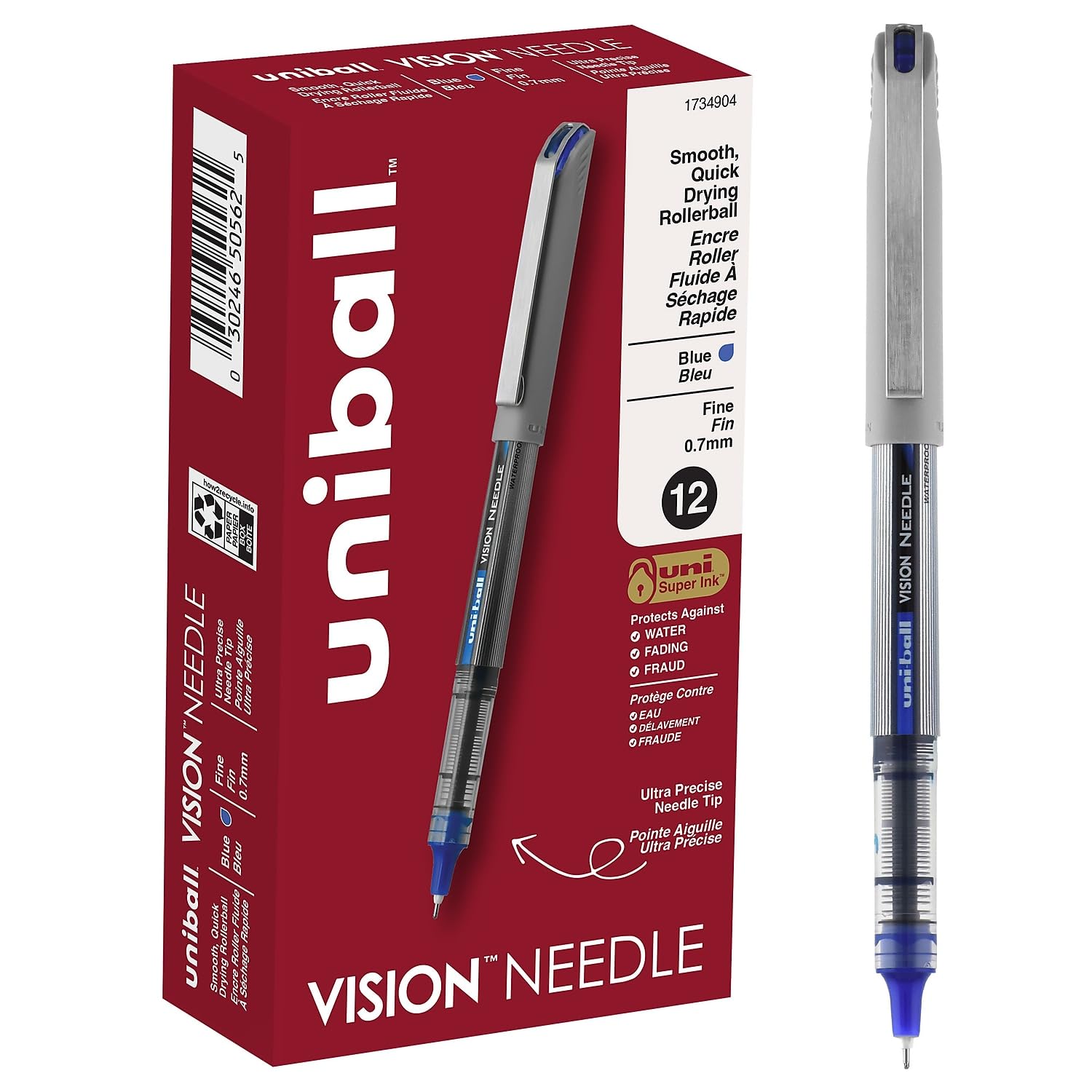Uni-Ball Vision Needle Roller Ball Pen, Blue Ink, Fine, Dozen (San1734904)