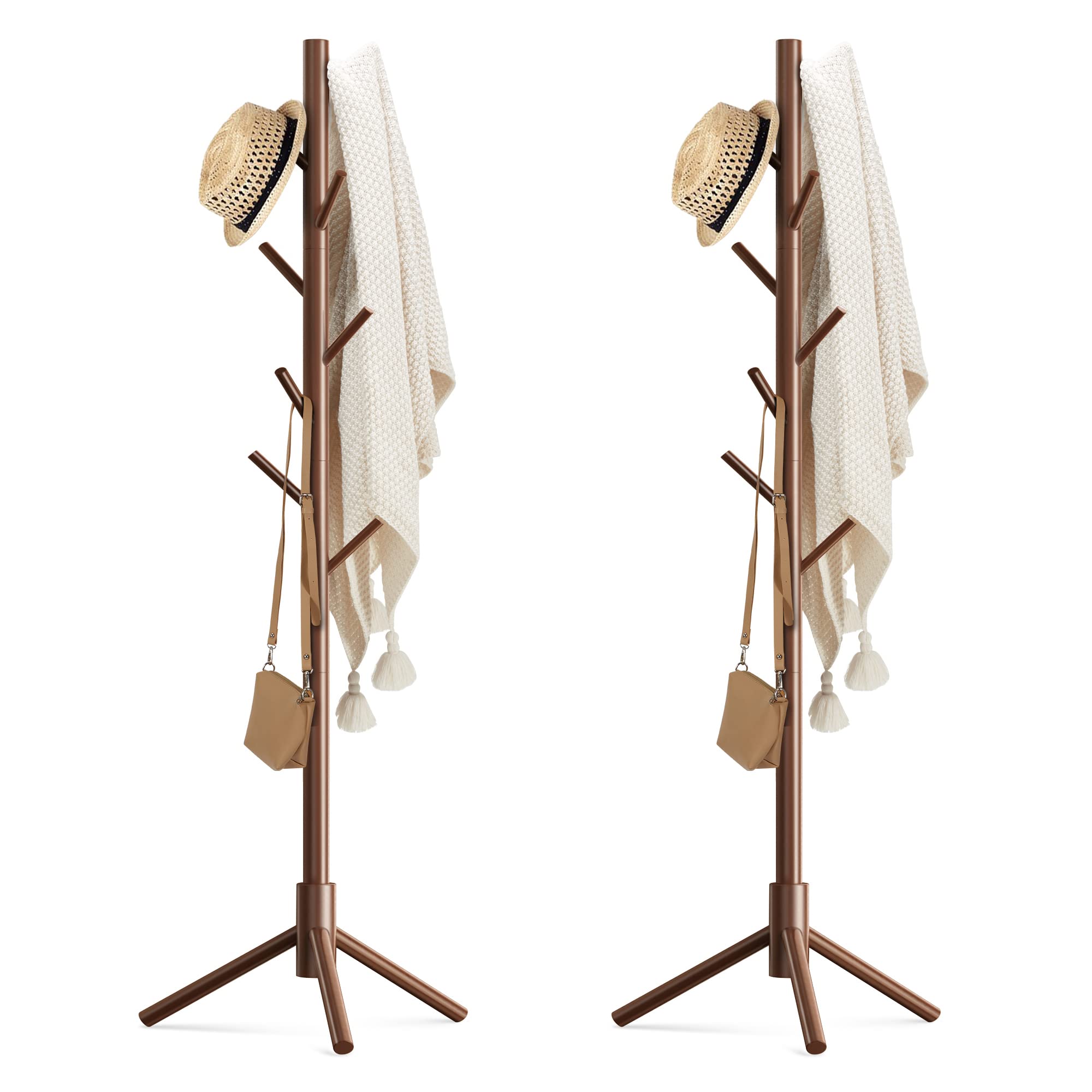 Haddockway Wooden Coat Rack Stand With 8 Hooks New Zealand Pine 3 Adjustable Coat Standing Tree Easy Assembly For Coats, Hats, Scarves And Handbags For Entryway, Hallway, Bedroom, Office,2 Pcs