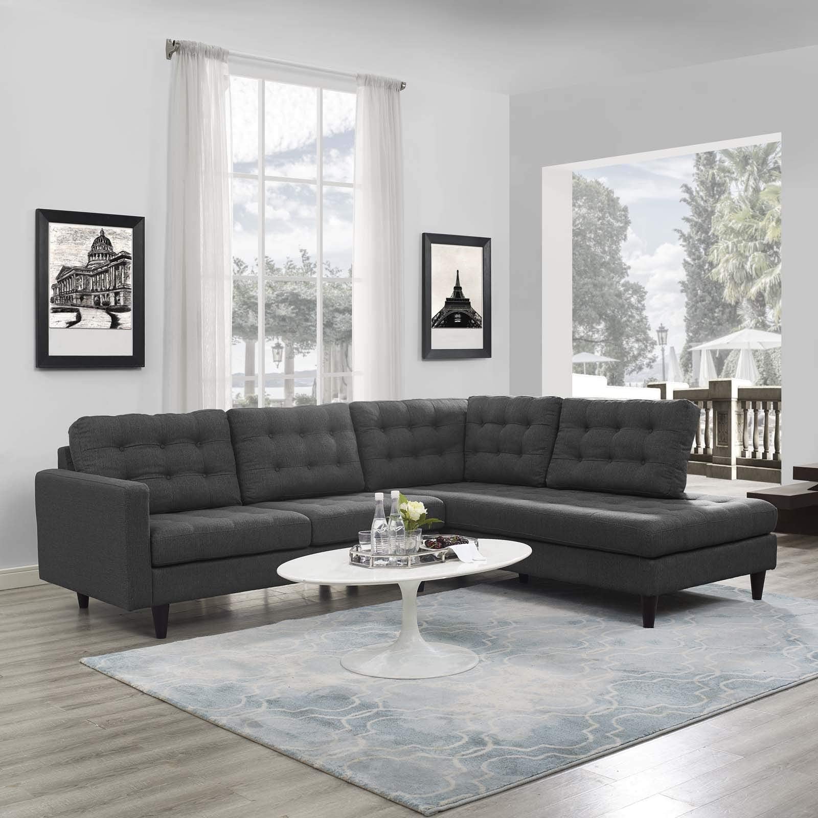 Modway Empress Mid-Century Modern Upholstered Fabric, Right Facing Bumper Sectional, Gray