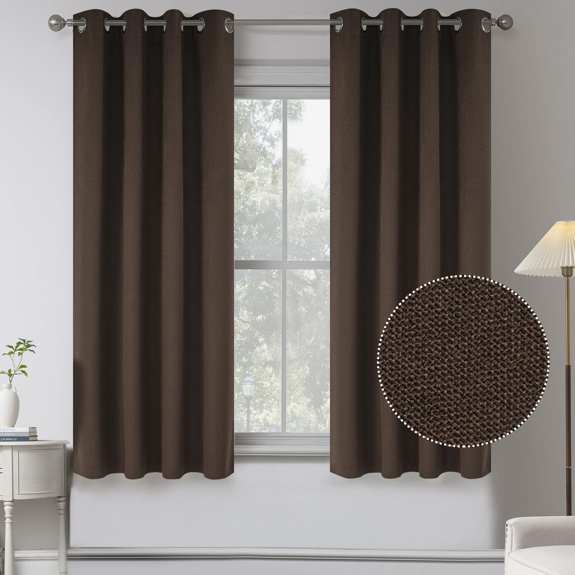 54 Inch Length Linen Textured 100% Blackout Curtains For Kids Room -2 Pcs Room Darkening Thermal Insulated Farmhouse Grommet Wat