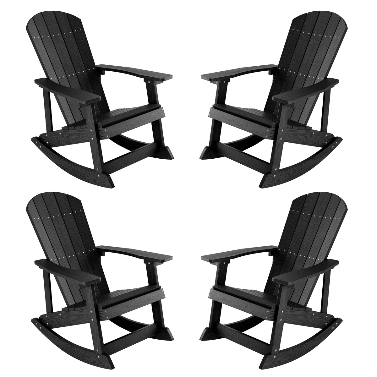 Yefu Outdoor Rocking Chair Set Of 4,Adirondack Rocking Chair,Patio Rocker Chair With Wide Back,Oversized Rocker Chair Look Like Real Wood, For Lawn, Porch, Backyard, Indoor And Garden(Black)