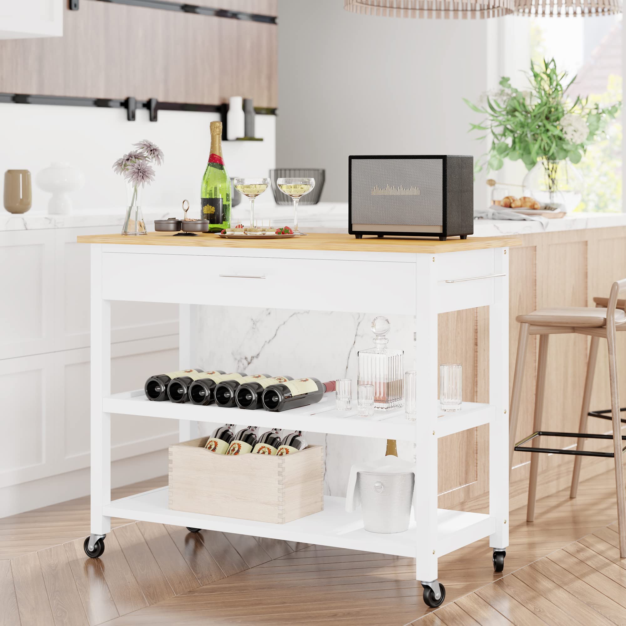 Shintenchi Kitchen Island Cart With Storage,Rolling Kitchen Island Side Table On Wheels With Large Worktop,Storage Cabinet,Towel