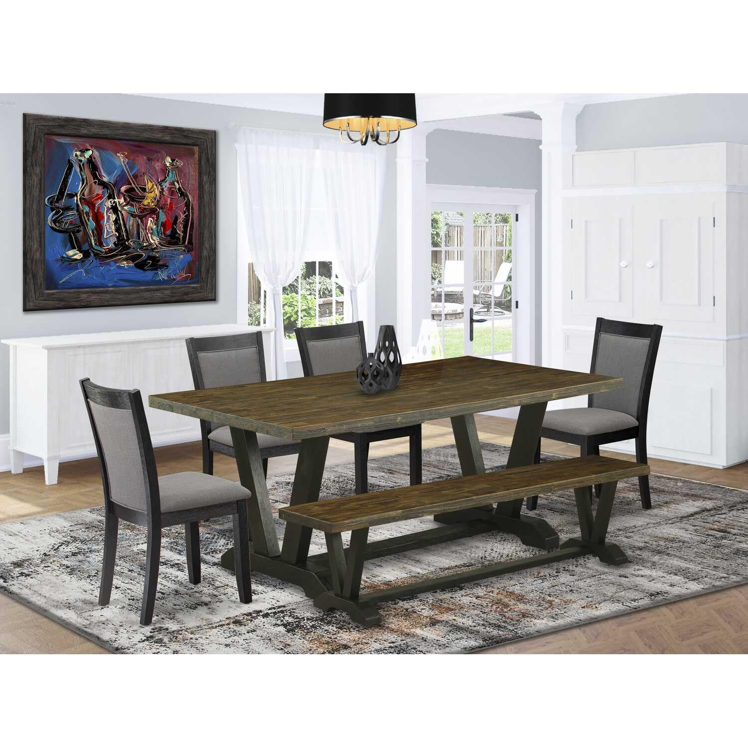 East West Furniture V677MZ650-6 6 Piece Dining Set Contains a Rectangle Dining Room Table with V-Legs and 4 Dark Gotham Grey Linen Fabric Parson Chairs with a Bench, 40x72 Inch, Multi-Color