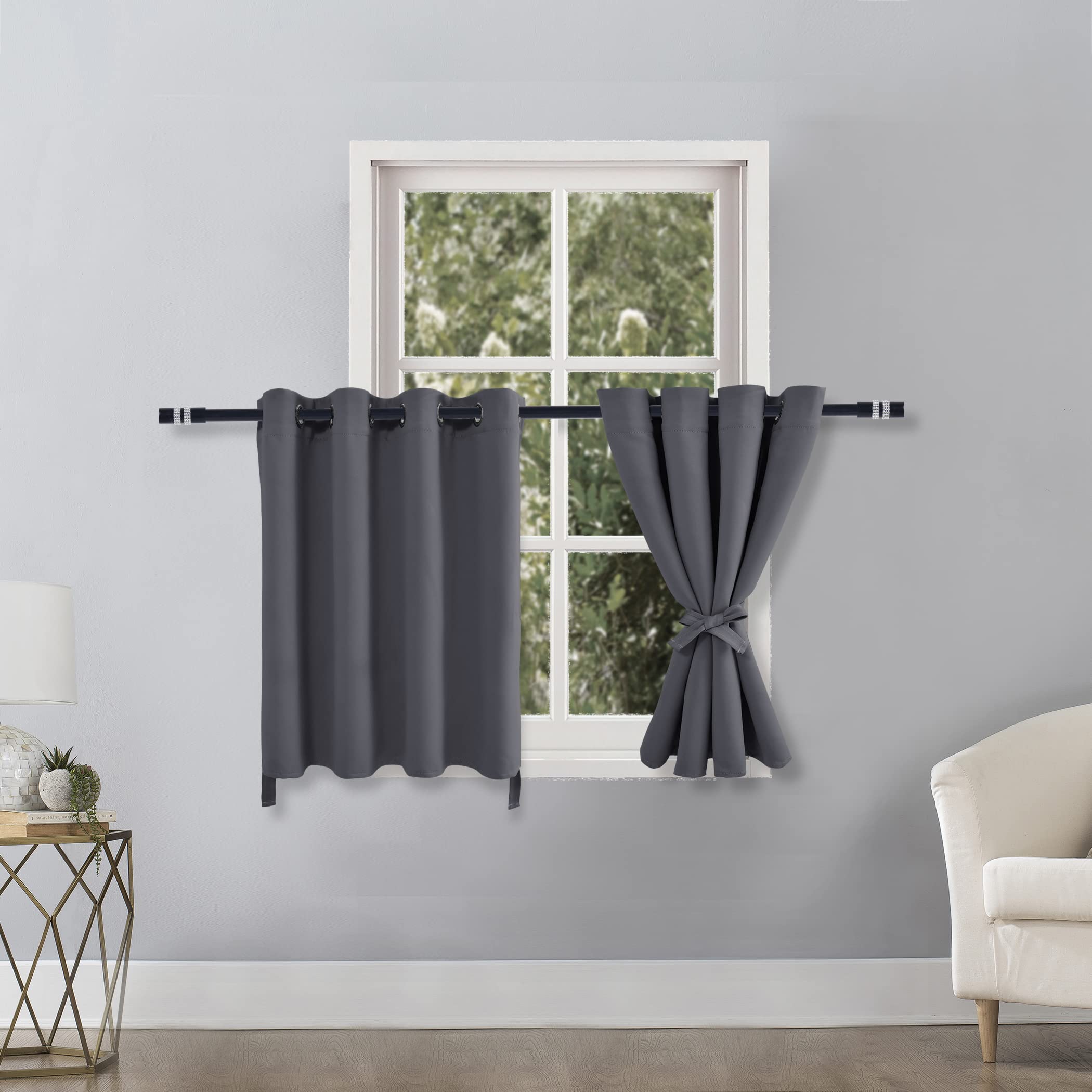 Hiasan Grommet Blackout Curtains For Bedroom, 52 X 30 Inches Long - Thermal Insulated & Light Blocking Window Curtains For Living Room, 2 Drape Panels Sewn With Tiebacks, Dark Grey