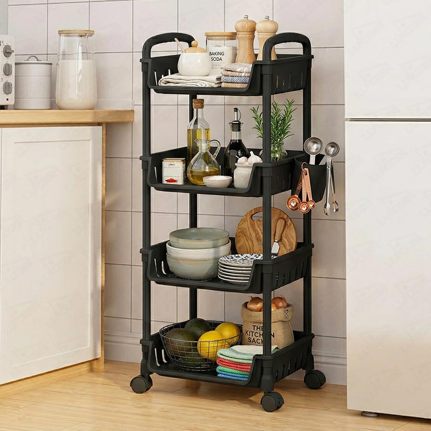 Lukzer 4Tier Plastic Rolling Storage Cart With Wheels | Multipurpose Utility Trolley Organizer With Basket Shelves & Side Holde