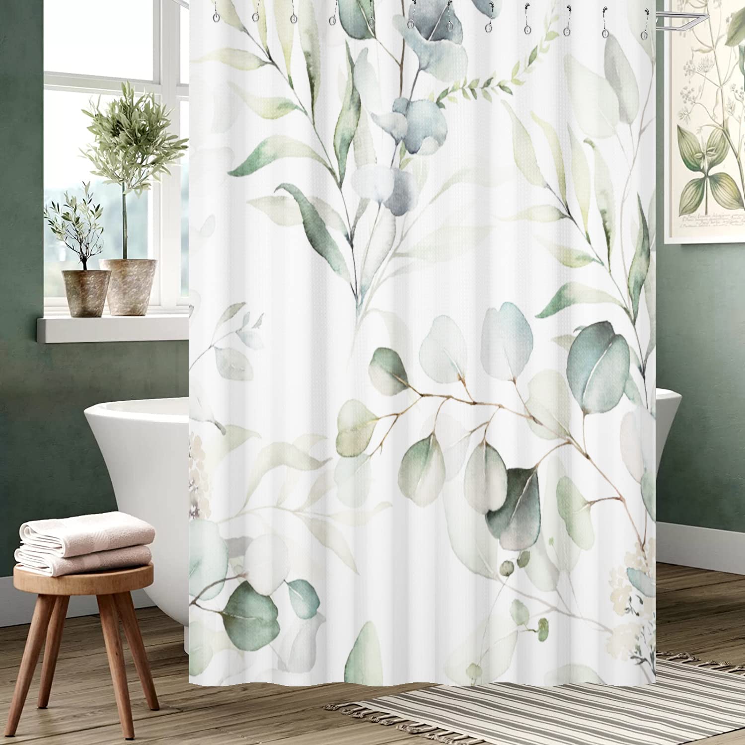 Gcirec Eucalyptus Leaf Waffle Shower Curtains, Weighted Bottom Sage Green Spring Watercolor Botanical Plants Textured Fabric Bat