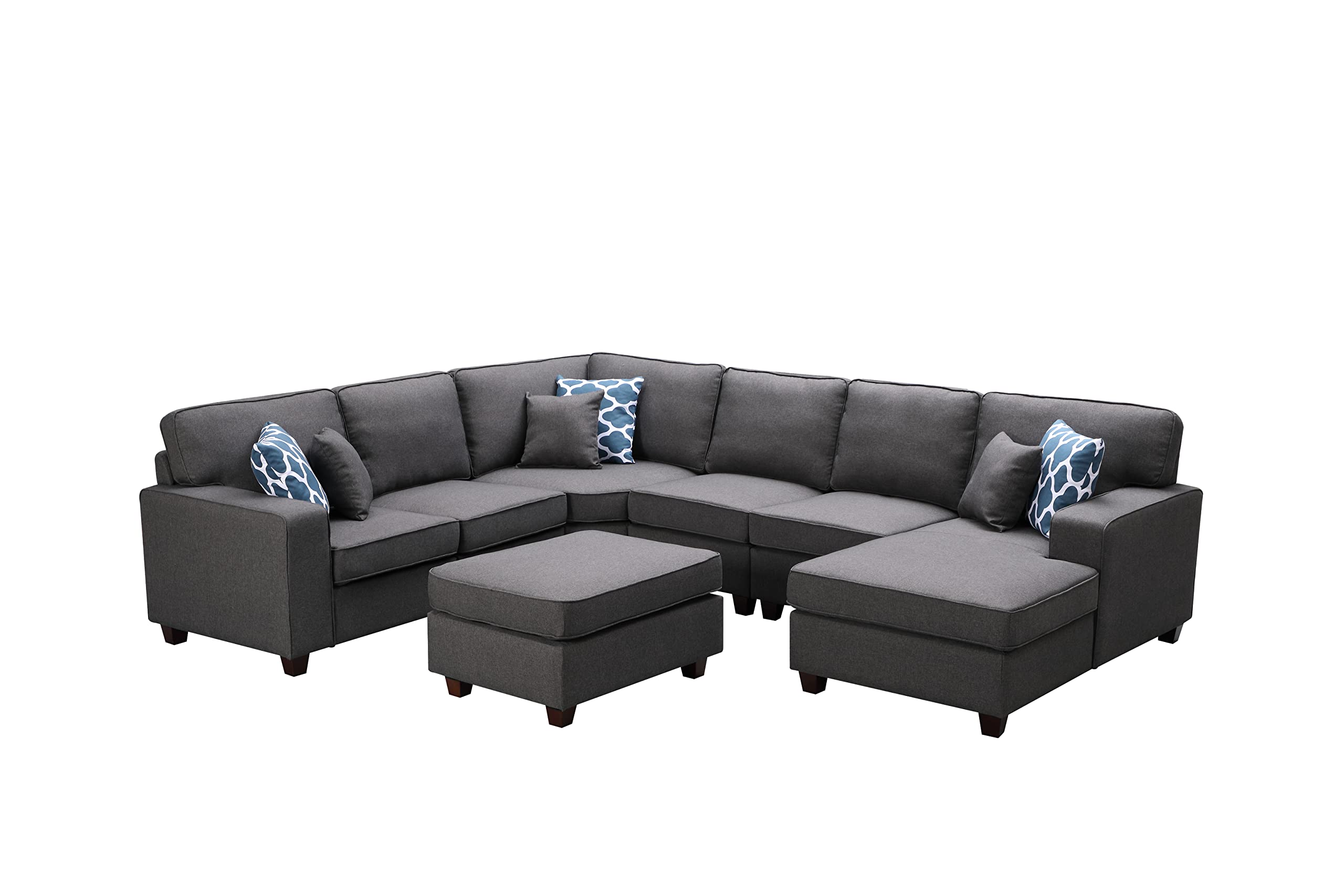 Lilola Home Willowleaf Dark Gray Linen 7Pc Modular Sectional Sofa Chaise and Ottoman