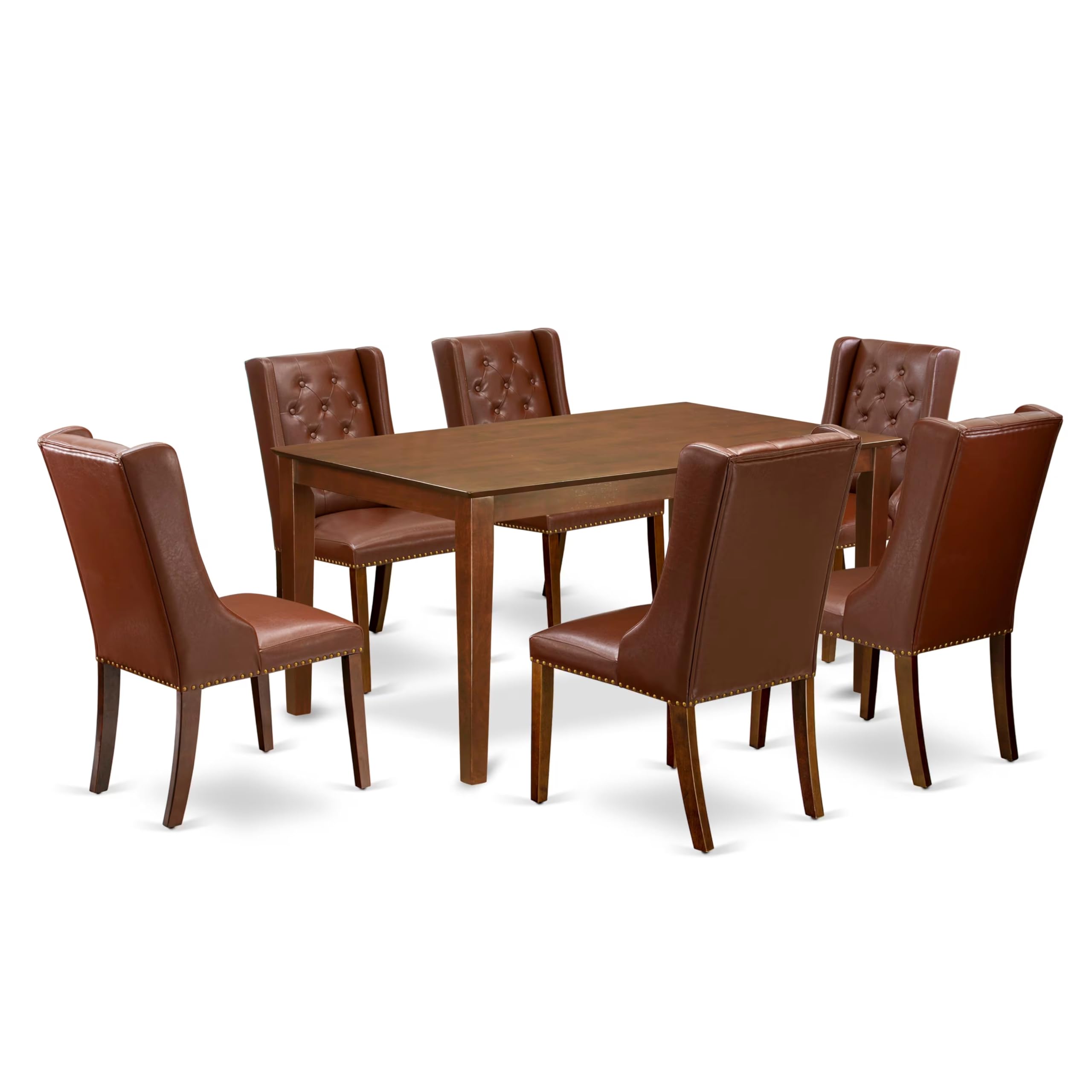 East West Furniture CAFO7-MAH-46 7 Piece Modern Dining Table Set Consist of a Rectangle Wooden Table and 6 Brown Faux Faux Leather Parson Dining Chairs, 36x60 Inch, Mahogany