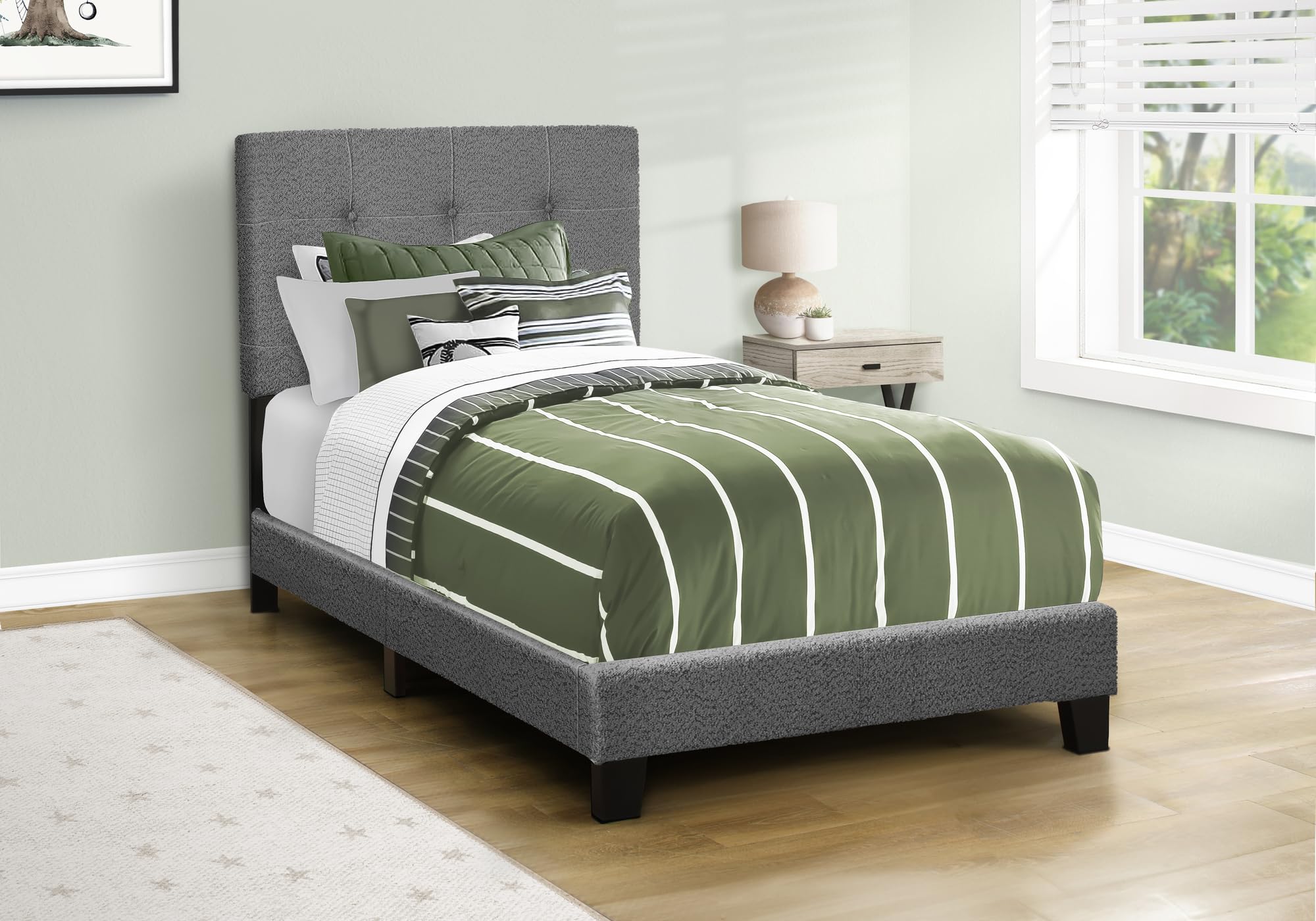 Monarch Specialties I 5803T Bed, Twin Size, Upholstered, Bedroom, Frame Only, Youth, Teen, Juvenile, Dark Grey Boucle, Transitional
