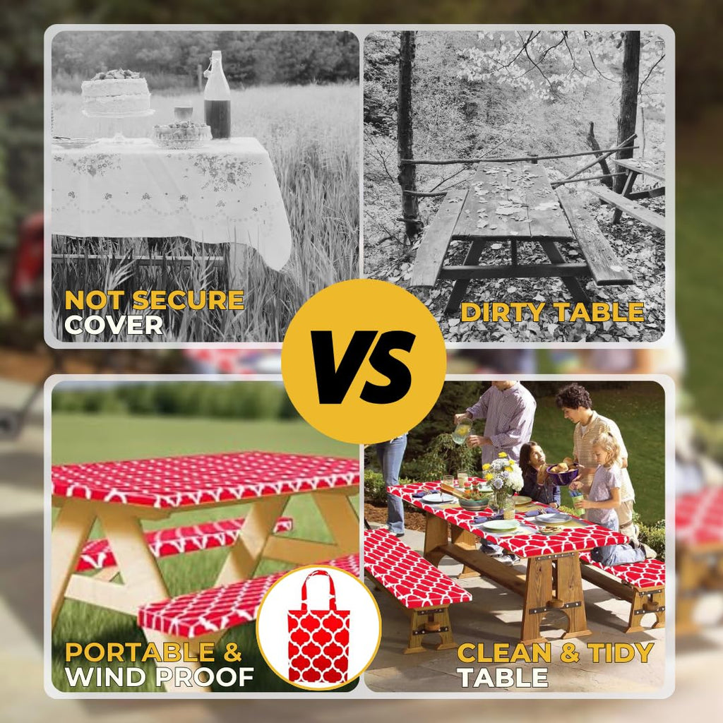Rnoony Fitted Picnic Table Cover With Bench Covers And Bag, 6Ft Outdoor Waterproof Windproof Picnic Tablecloth With Elastic Edges. Camping Rv Gear Must Have 72X30 Inches 3 Pcs Set (Red Moroccan)