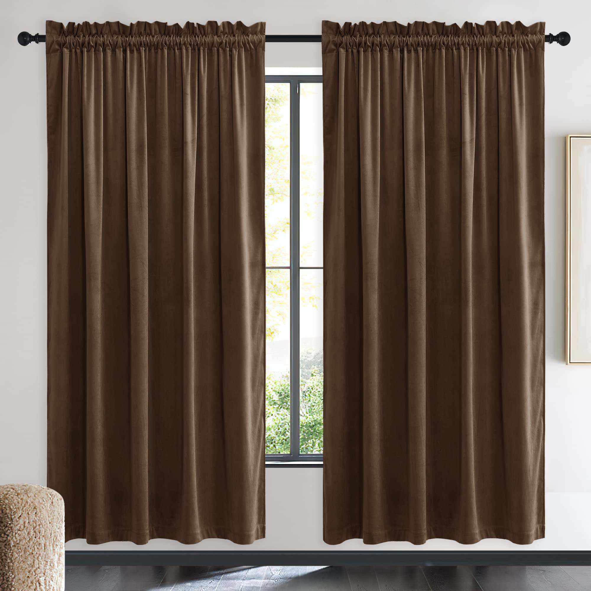 Nicetown Brown Velvet Room Darkening Curtains, Home Decor Light Blocking Thermal Insulated Drapes For Theater And Movie Room (Se