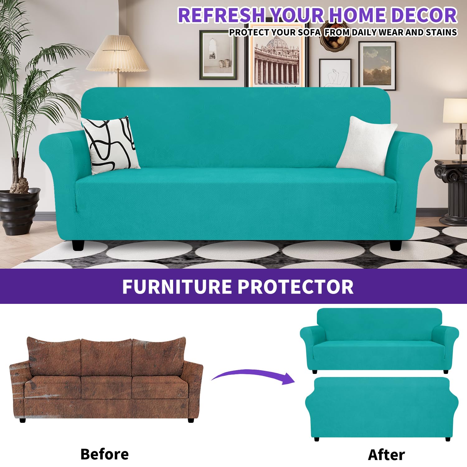 Znsayotx Super Stretch Sofa Cover (71'-91'), New Striped Sofa Covers Fitted Slipcovers With Elastic Bottom, Dog Cat Pets Proof Spandex Washable Fabric Comfortable & Durable (Peacock Teal, Sofa)