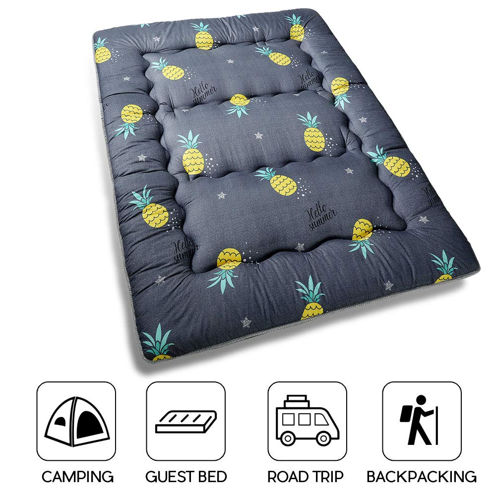Grey Pineapple Japanese Floor Futon Mattress, Tatami Floor Mat Portable Camping Mattress Kids Sleeping Pad Foldable Roll Up Floor Lounger Couch Bed Full Size With Mattress Protector Cover