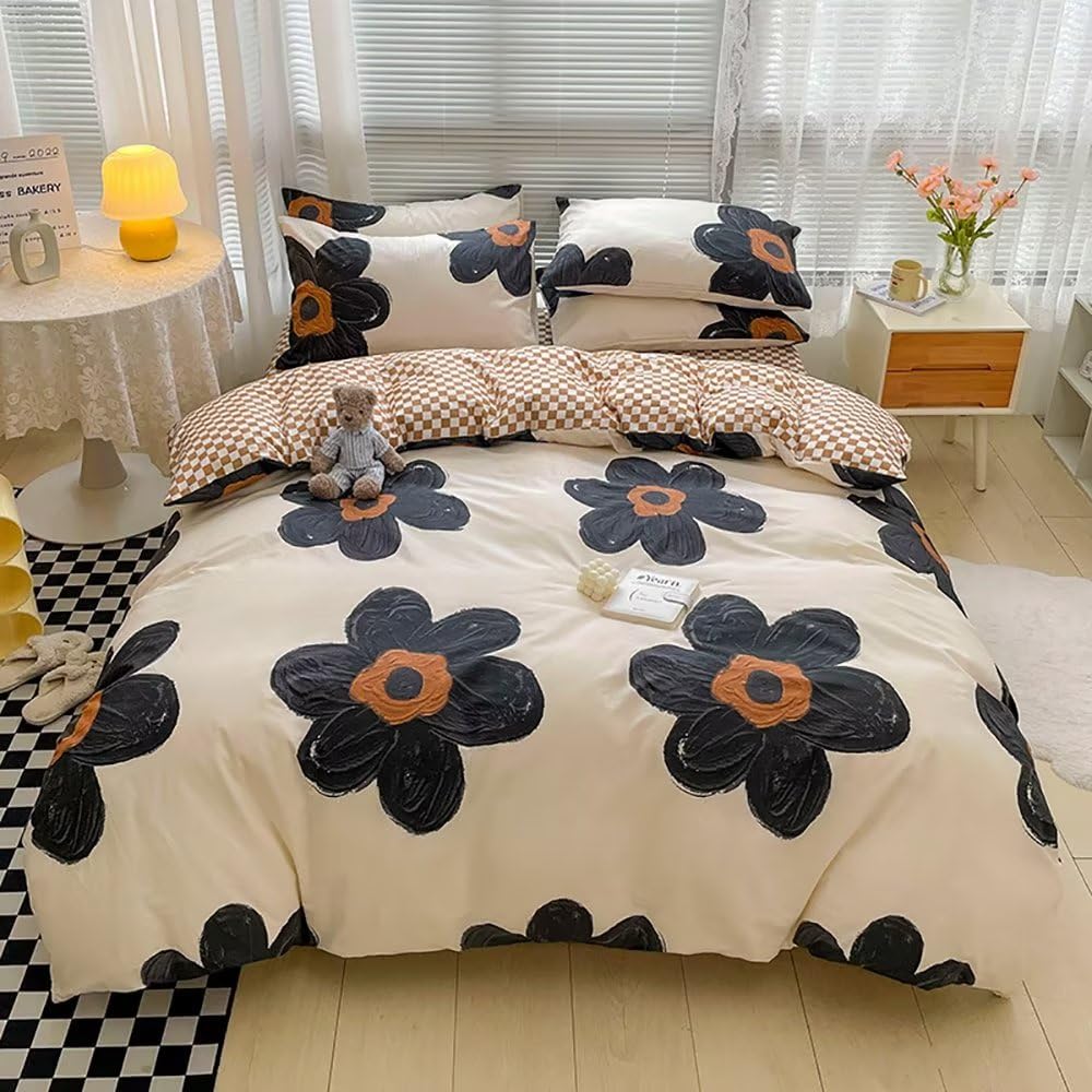 Houseri Black Floral Comforter Set Twin Beige 3D Floral Bedding Comforter Sets Twin Size For Toddler Girls Kawaii Flowers Comfor
