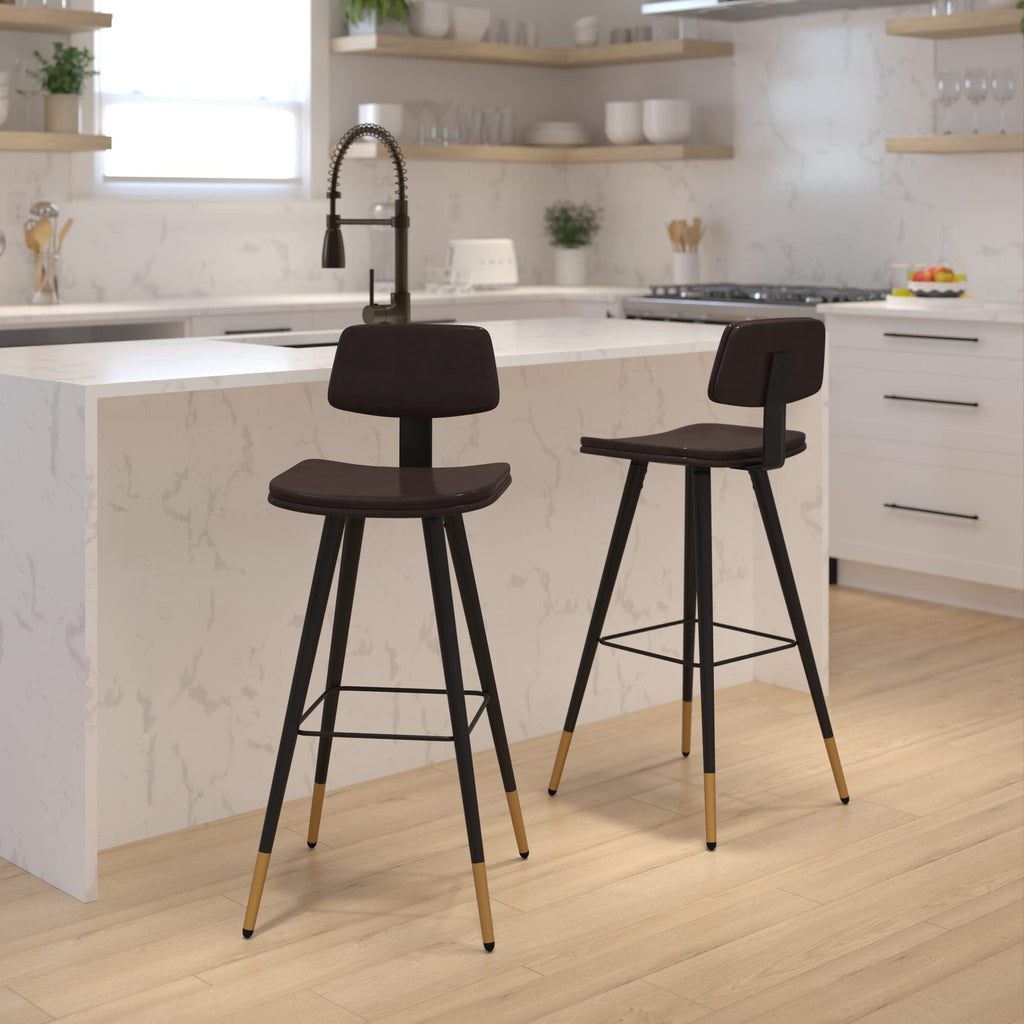 Flash Furniture Kora Commercial Grade Low Back Barstools-Brown LeatherSoft Upholstery-Black Iron Frame-Integrated Footrest-Gold Tipped Legs-Set of 2