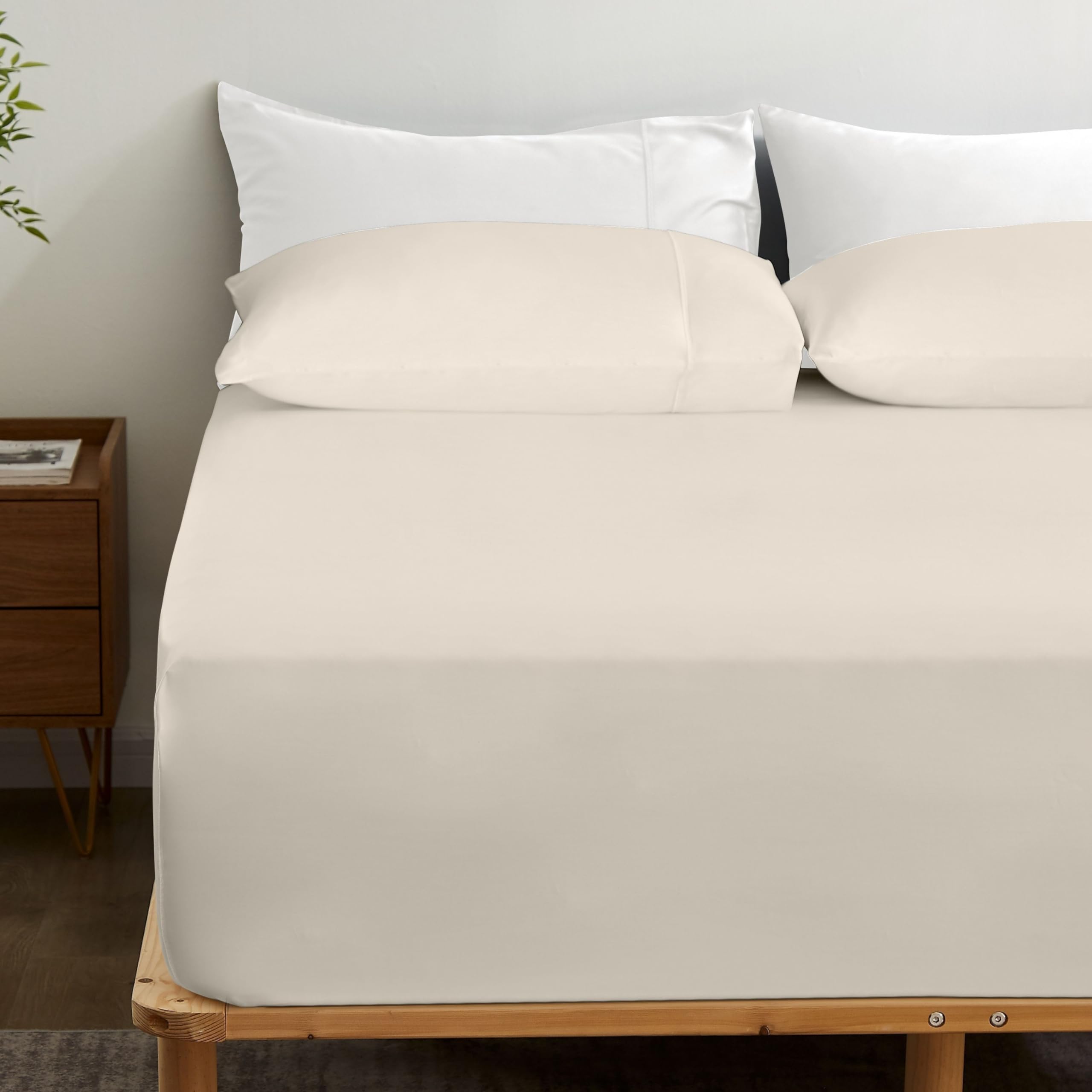 Gokotta Bamboo Rayon Fitted Sheet And Pillow Case, Super Soft Cooling Fitted Sheet With 4 Elastic Corner Straps - 15'' Pocket Fi