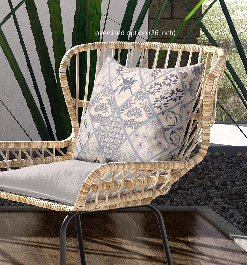 HomeRoots Cream Grey Broadcloth 20â€ Cream Gray Patch Indoor Outdoor Throw Pillow