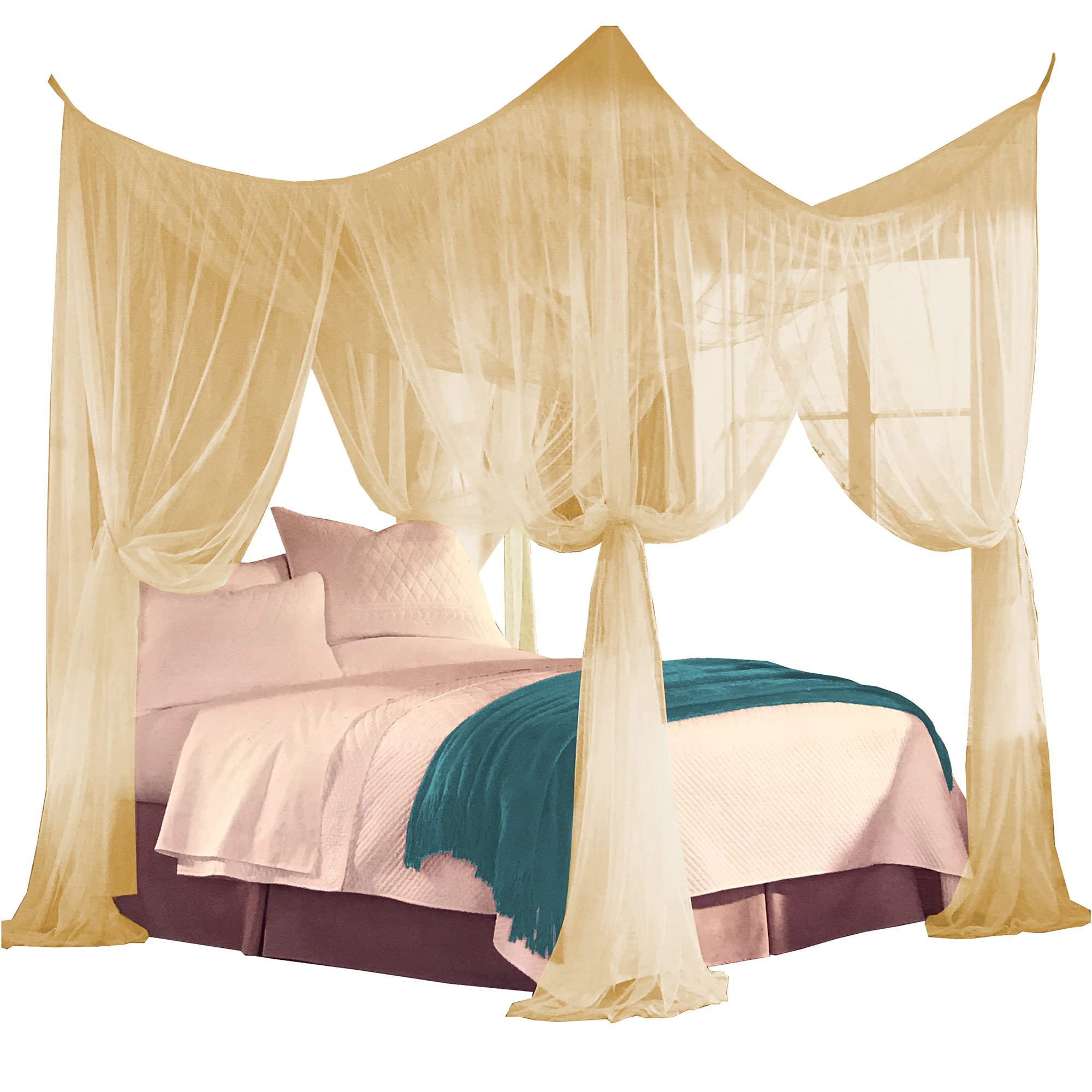 Just Relax Four Corner Post Decorative Elegant Bed Net Canopy Set, Beige, Full/Queen/King, 86.6X78.7X98.4 Inches