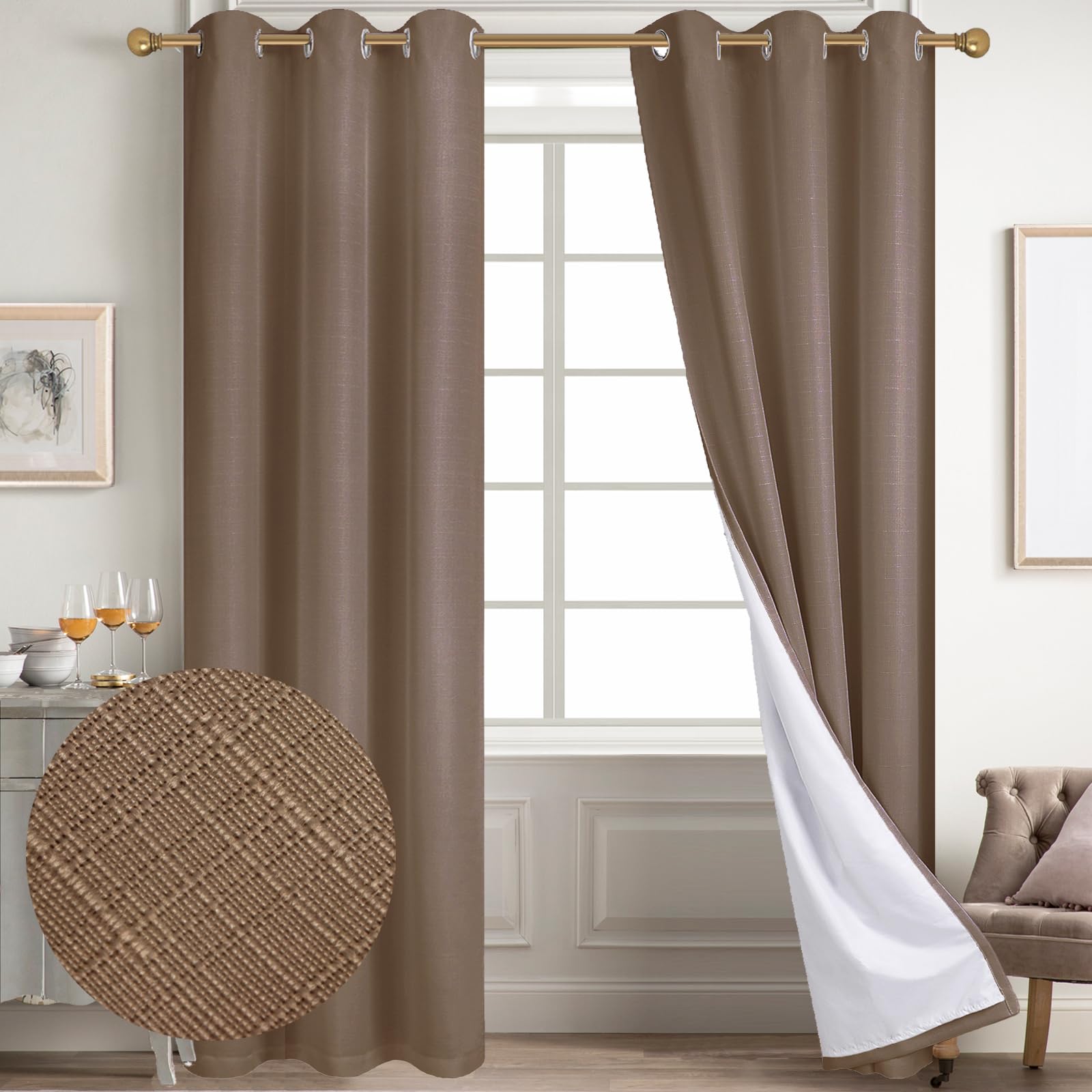Diraysid 100% Blackout Curtains Cappuccino Linen Curtains For Bedroom Grommet Thermal Insulated Room Darkening Drapes (2 Panels,