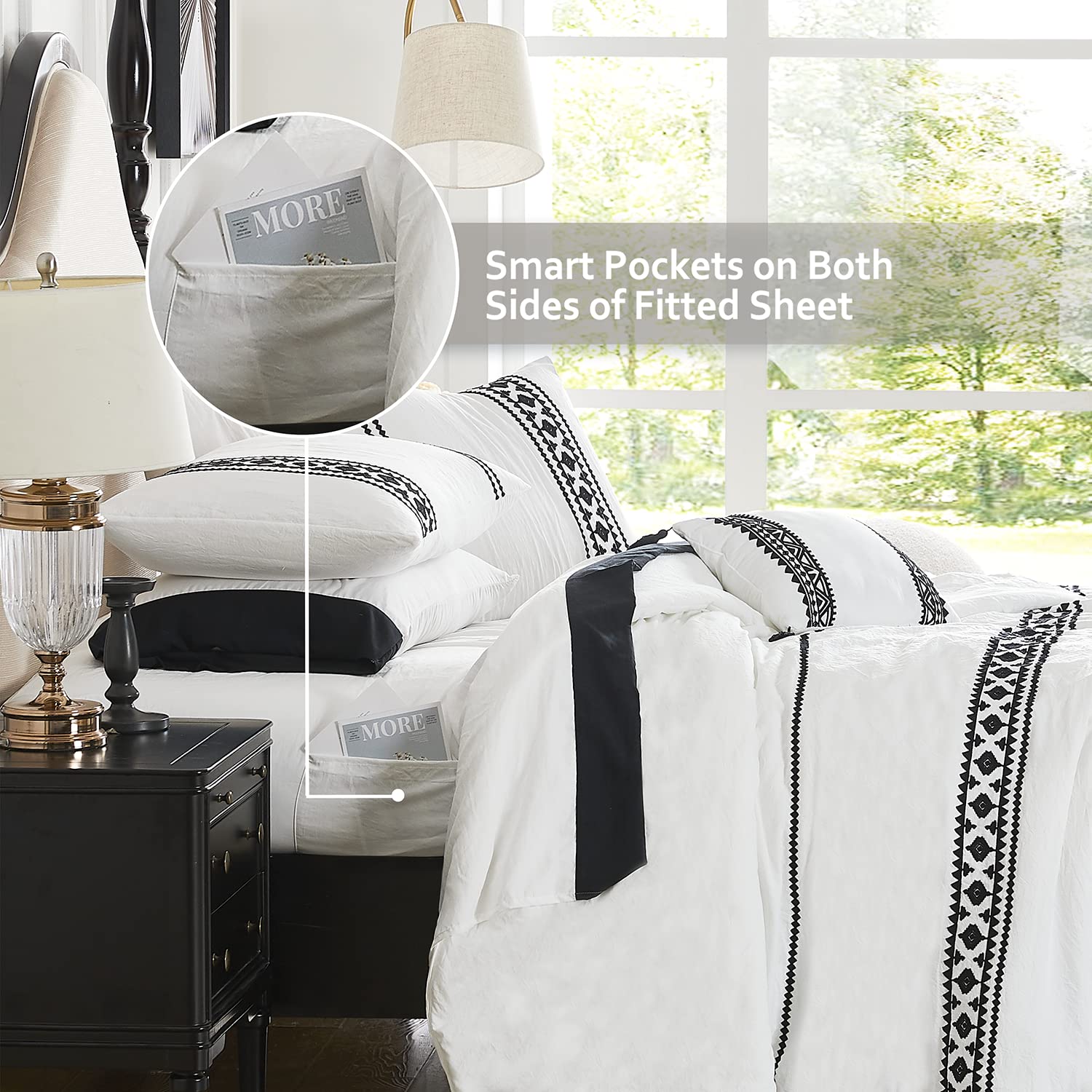 Maireve White Boho Comforter Set Queen 8 Piece With Embroidery, Western Farmhouse Queen Bedding Sets With Comforters, Sheets, Be