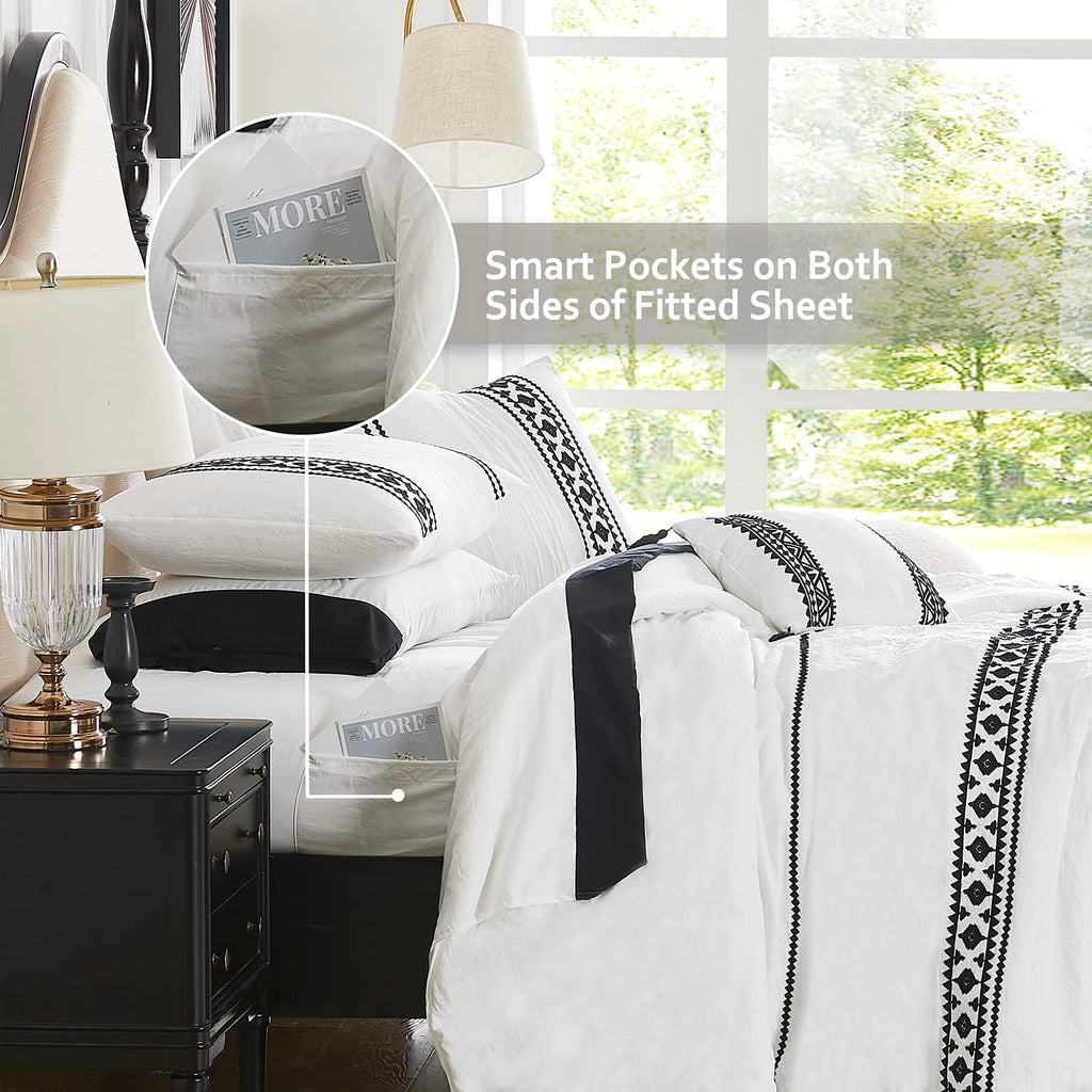 Maireve White King Bedding Set Boho 7 Piece, King Size Comforter Set 7 Pieces With Comforters, Sheets In Embroidery King Comfort