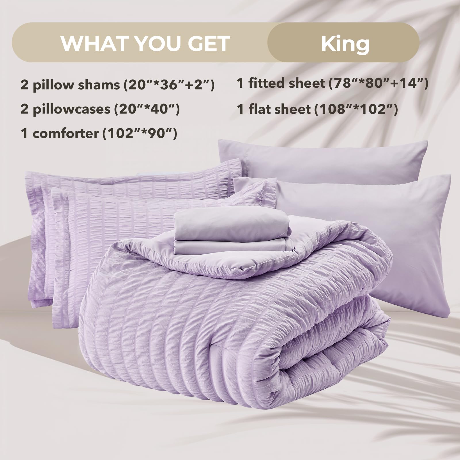 Hymokege Lavender King Size Comforter Set Seersucker 7 Pieces, All Season Luxury Bed In A Bag For Bedroom, Bedding Set With Comf