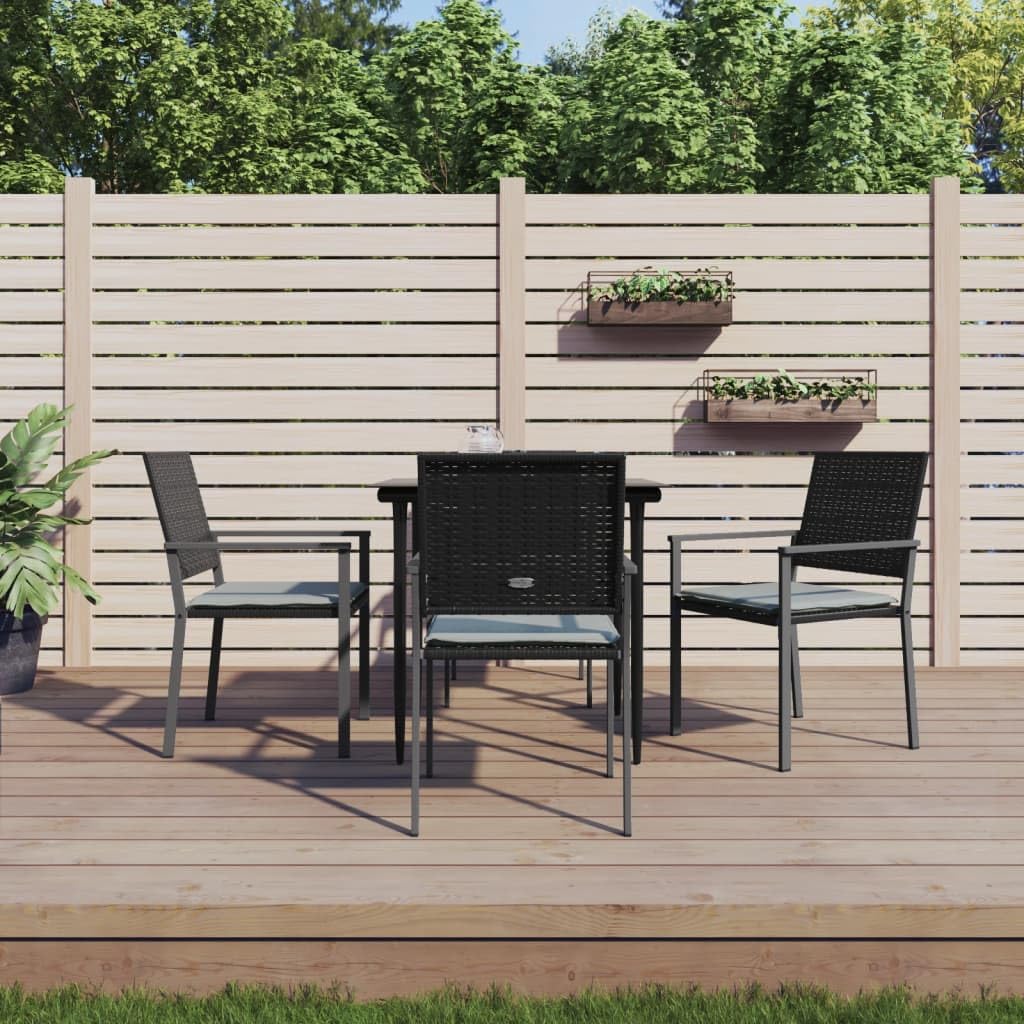 vidaXL 5 Piece Patio Dining Set - Poly Rattan and Steel with Cushions - Black Finish - Square Table with Tempered Glass Top - Garden and Outdoor Furniture