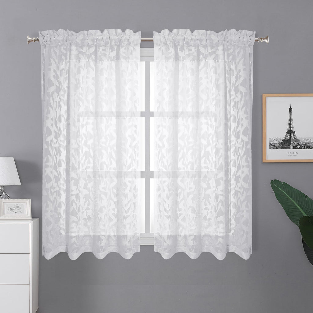 Lecloud Leia Short White Sheer Curtains 45 Inch Length 2 Panels, Balance Light & Privacy Clip Texture Small Window Curtain For B