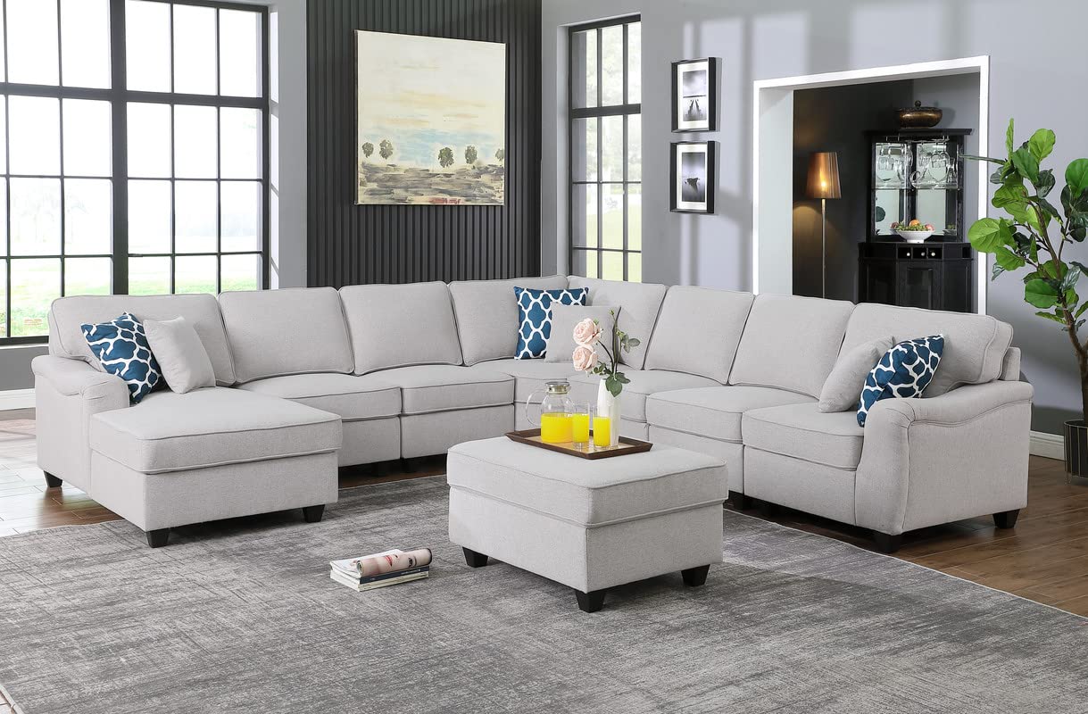 Lilola Home Leo Light Gray Linen 8Pc Modular L-Shape Sectional Sofa Chaise and Ottoman