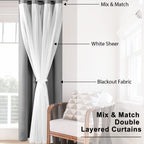 Hiasan Grey Blackout Curtains With White Sheer Overlay, Mix & Match Double Layer Thermal Insulated Grommet Window Curtains For B