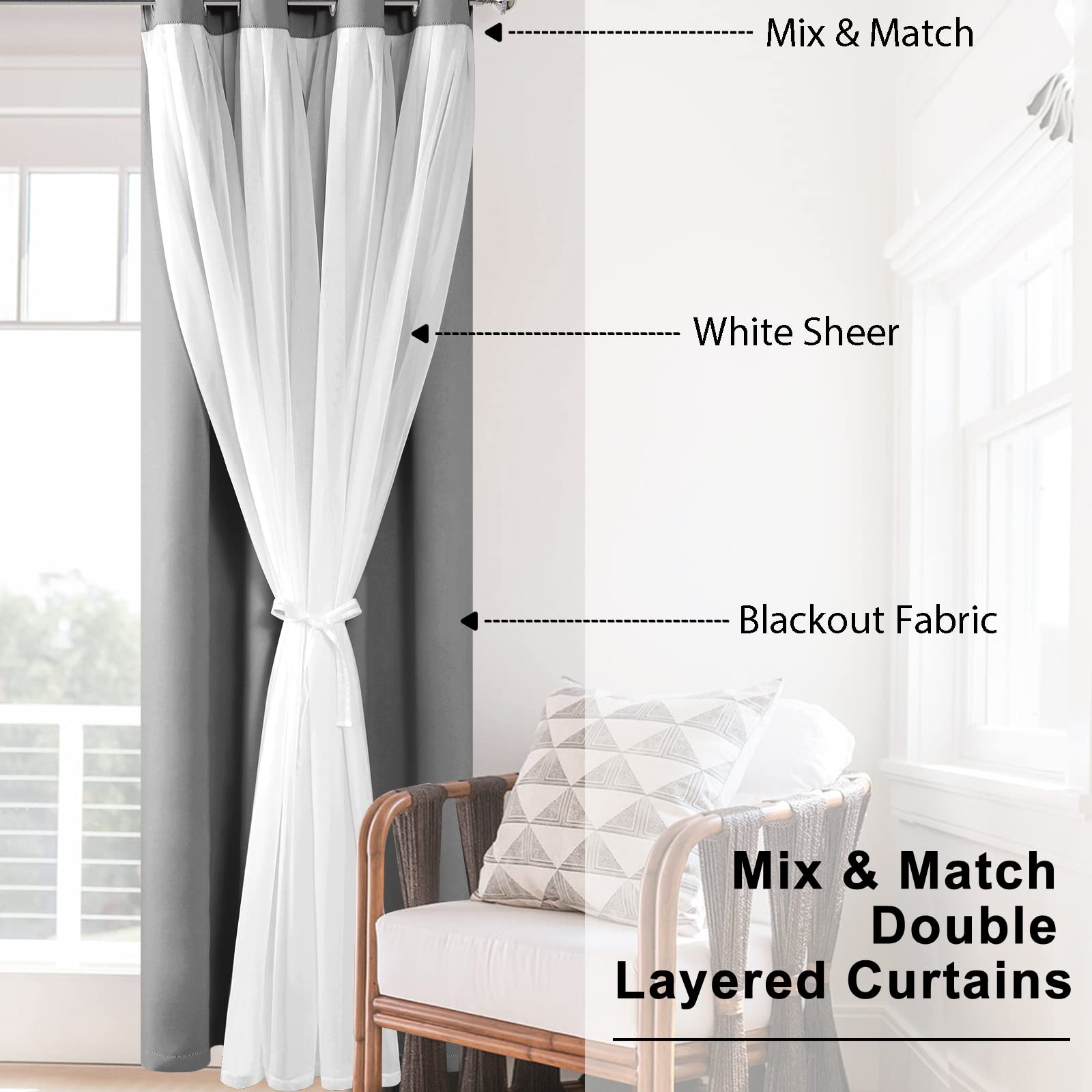 Hiasan Grey Blackout Curtains With White Sheer Overlay, Mix & Match Double Layer Thermal Insulated Grommet Window Curtains For B