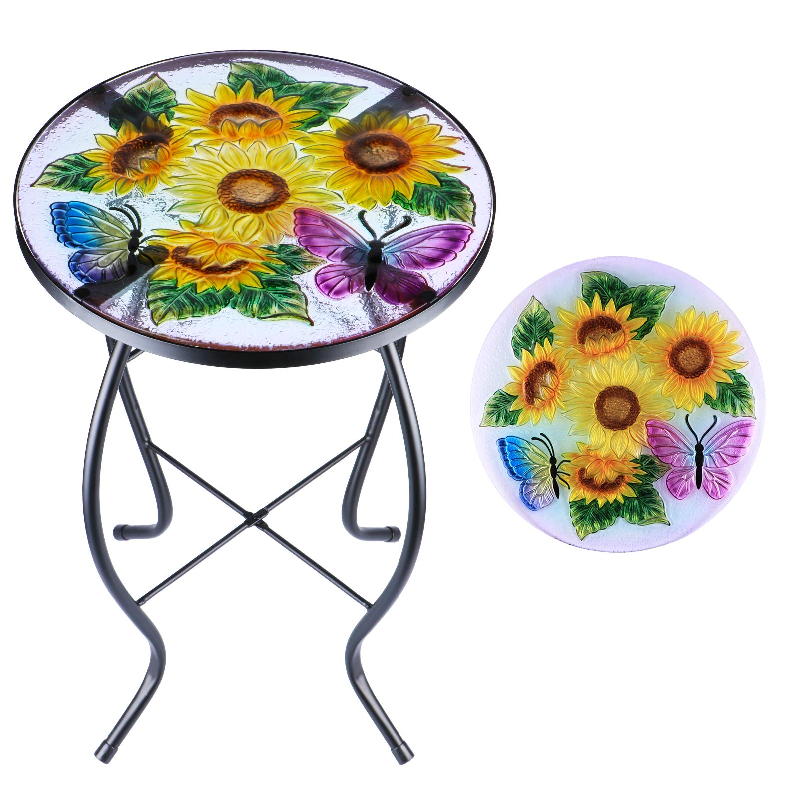 MUMTOP Outdoor Side Table - Patio Table Mosaic Coffee Side Tables Glass Accent Table 14Round Small Table Plant Stand for Indoor 
