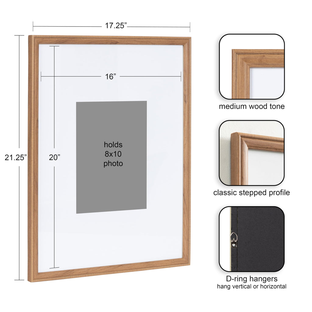 Kate And Laurel Adlynn Rectangle Picture Frame Set Of 3, 16 X 20 Matted To 8 X 10, Brown, Transitional Three-Piece Frame Set For